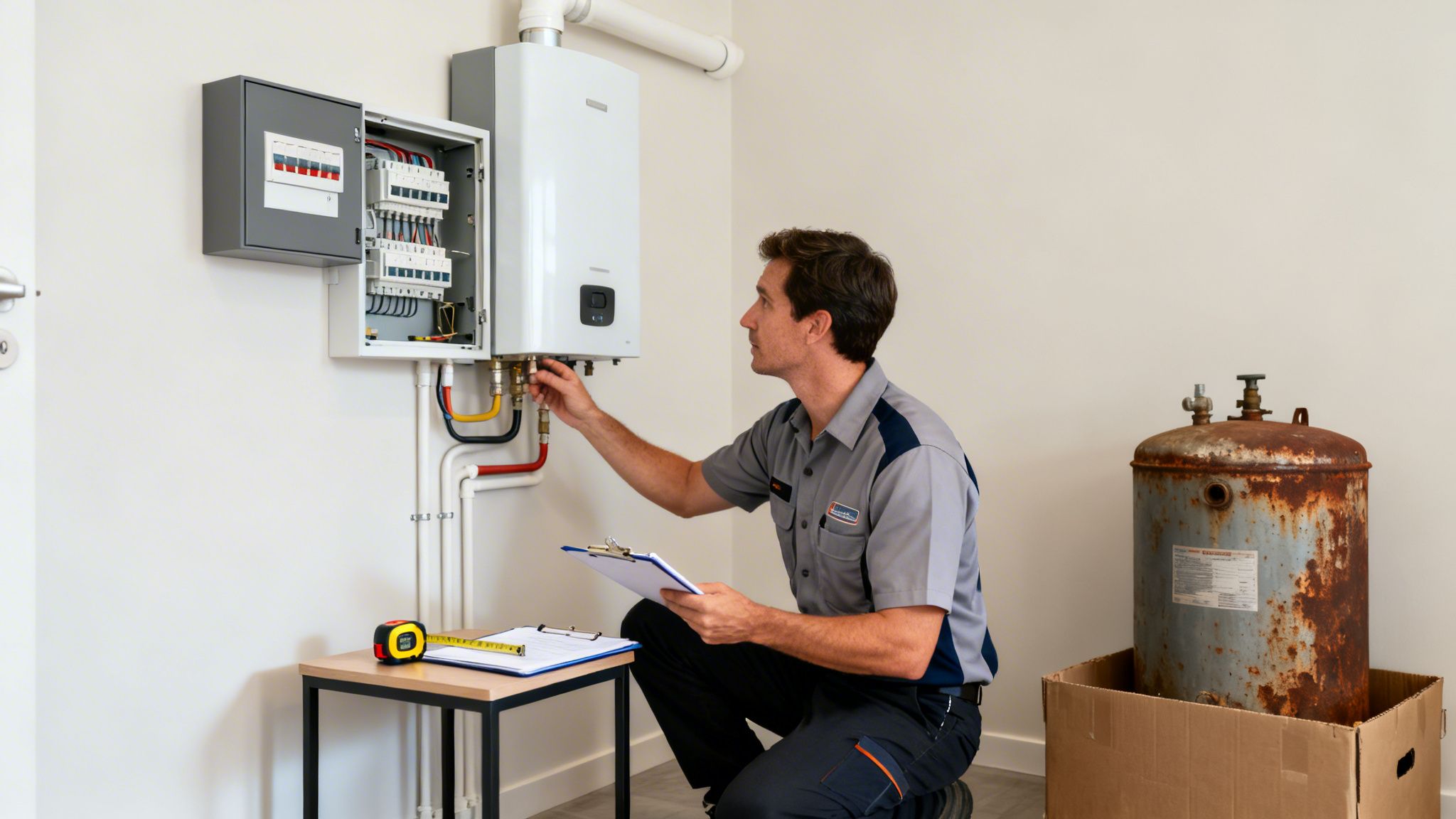 A Technician Inspects A New Tankless Hot Water System And Electrical Panel Installation.