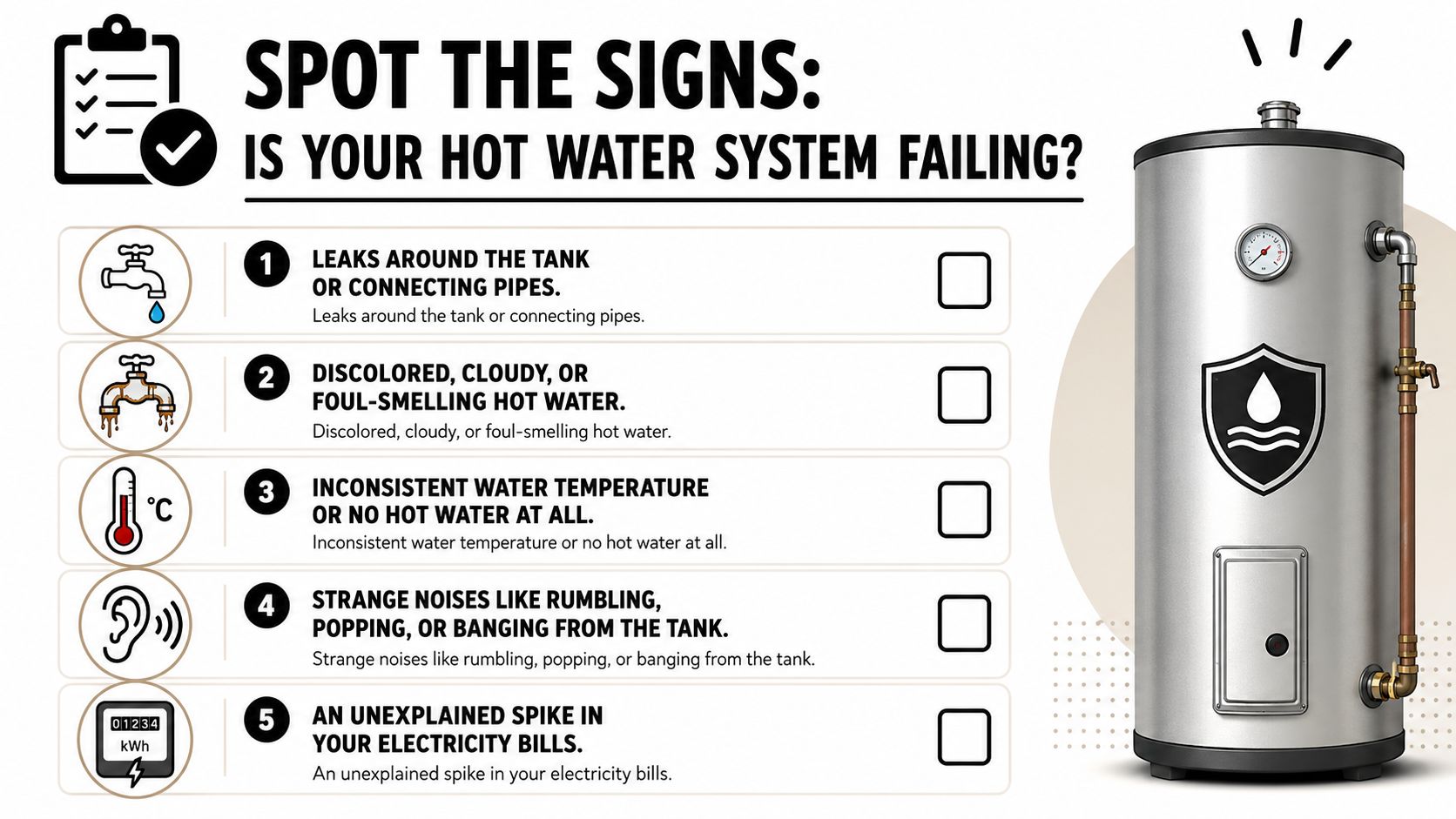Electric Hot Water Repair: A Brisbane Homeowner'S Guide 2 An Infographic Checklist Outlining Five Common Signs Of A Failing Electric Hot Water Heater System.