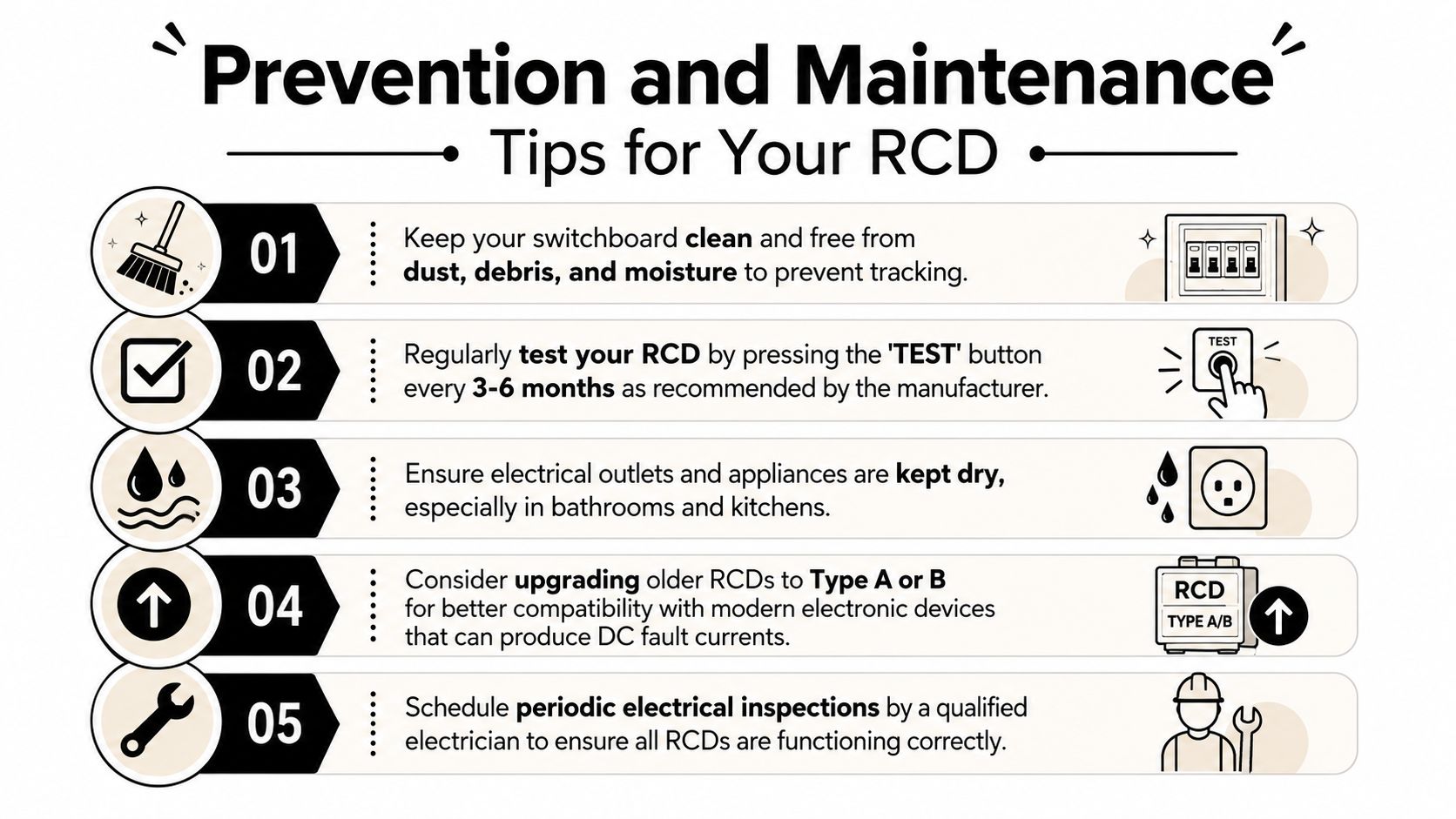 An Infographic Titled Prevention And Maintenance Tips For Your Rcd, Showing Five Steps To Maintain Electrical Safety.