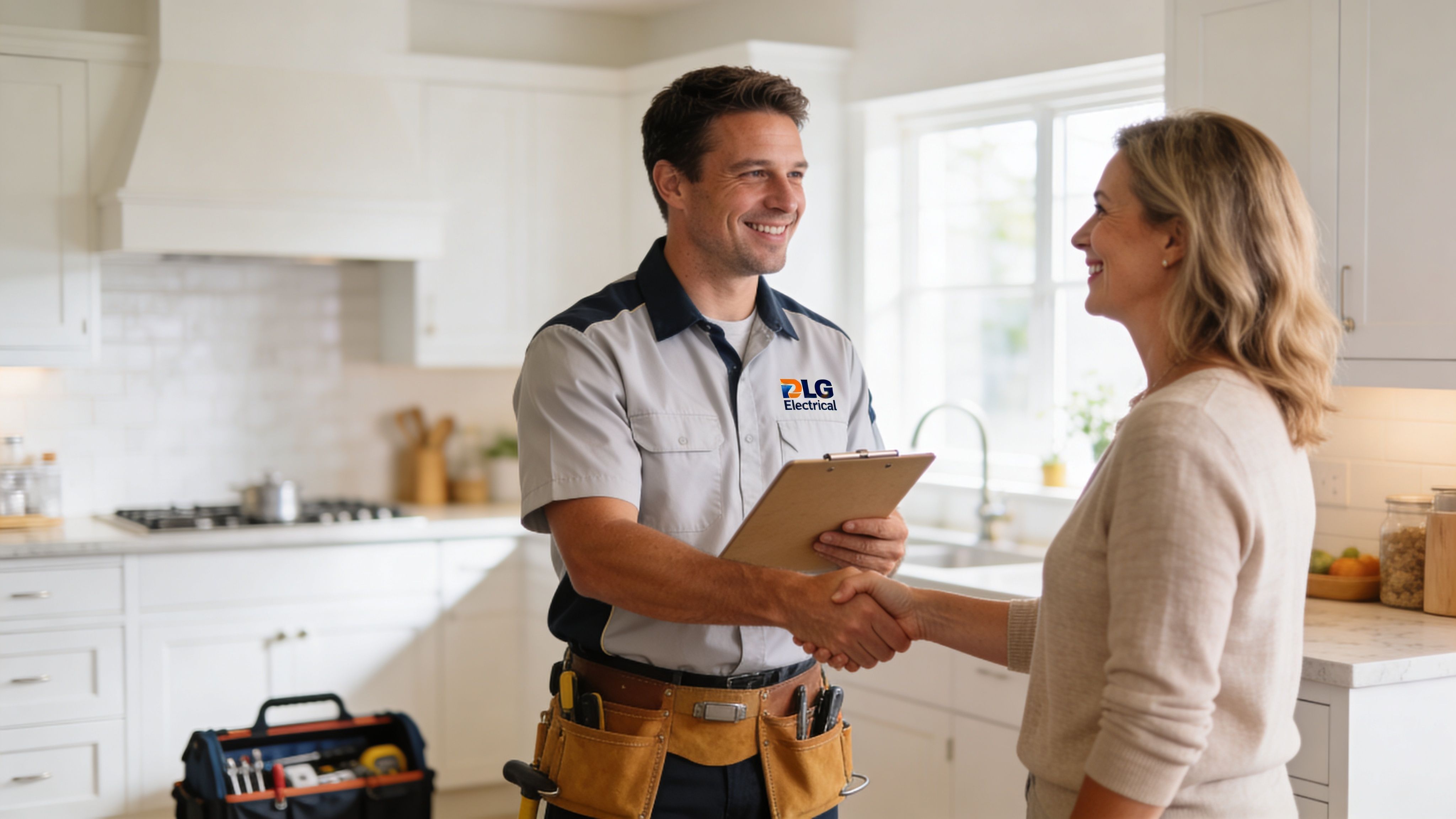 A Friendly Electrician In A Professional Uniform Shaking Hands With A Customer In Her Bright Kitchen.