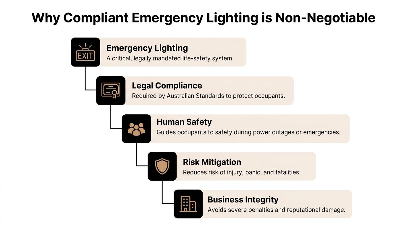 An Infographic Detailing Five Key Reasons Why Compliant Emergency Lighting Systems Are Essential For Business Safety.