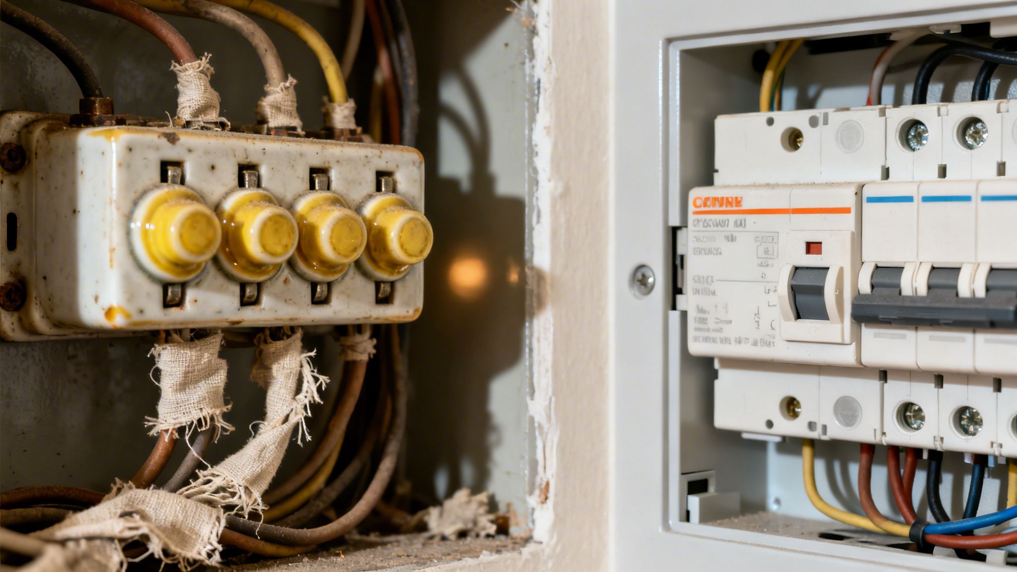 A Detailed View Contrasting An Old Ceramic Fuse Box With A Modern Circuit Breaker Panel.