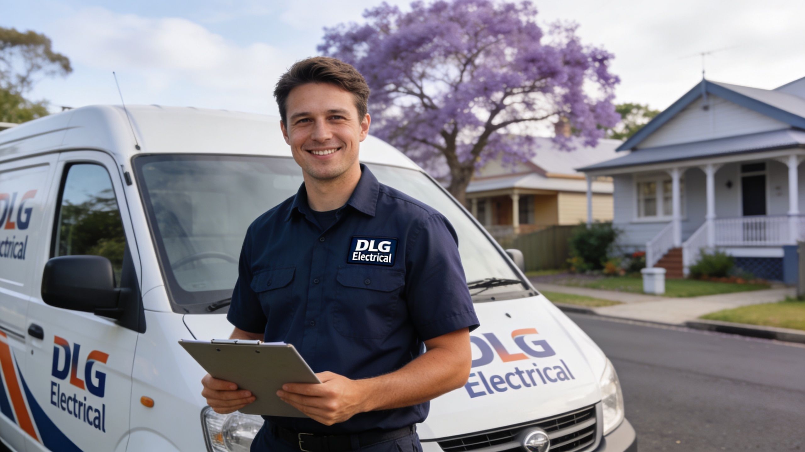 A Friendly Electrician Holding A Clipboard Stands In Front Of His Branded Dlg Electrical Service Van.