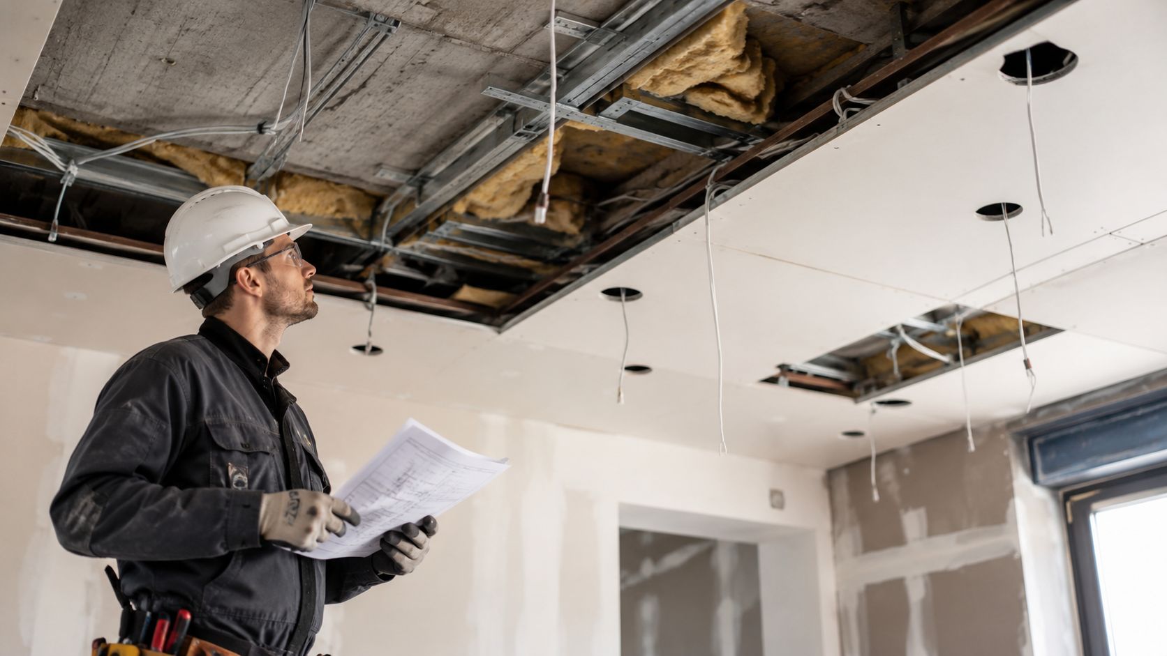 A Construction Worker In A Hard Hat Inspects Ceiling Wiring For A Downlight Installation Project.