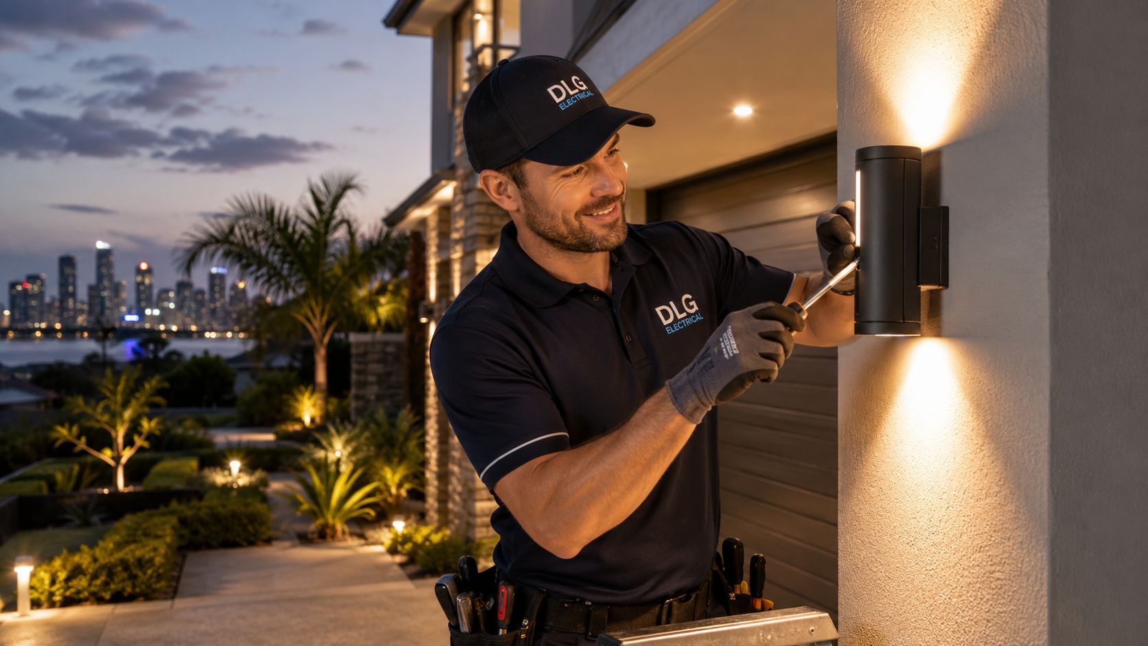 A Professional Electrician From Dlg Electrical Installing An Outdoor Wall Lamp On A Modern Home Exterior.