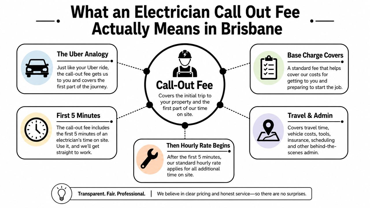 An Infographic Explaining What An Electrician Call Out Fee In Brisbane Covers For Residential Property Owners.