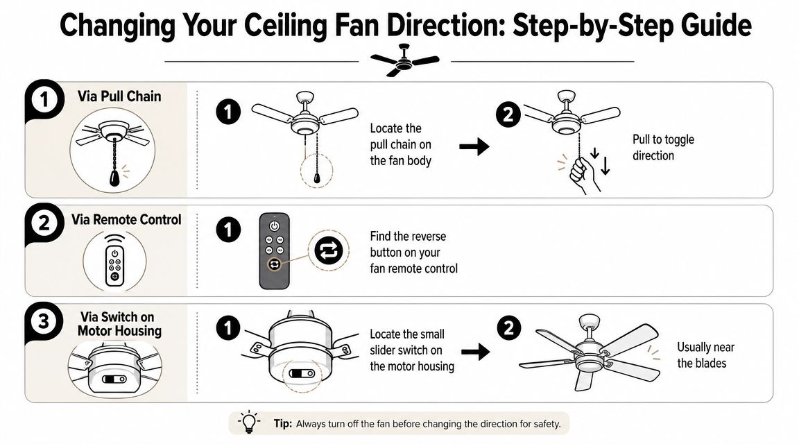 An Instructional Infographic Detailing Three Different Methods To Change The Rotation Direction Of A Ceiling Fan.