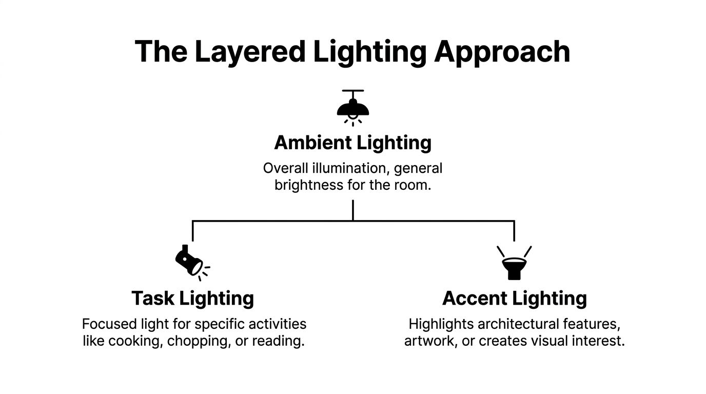 A Diagram Illustrating The Layered Lighting Approach For Interior Design, Featuring Ambient, Task, And Accent Lighting Types.