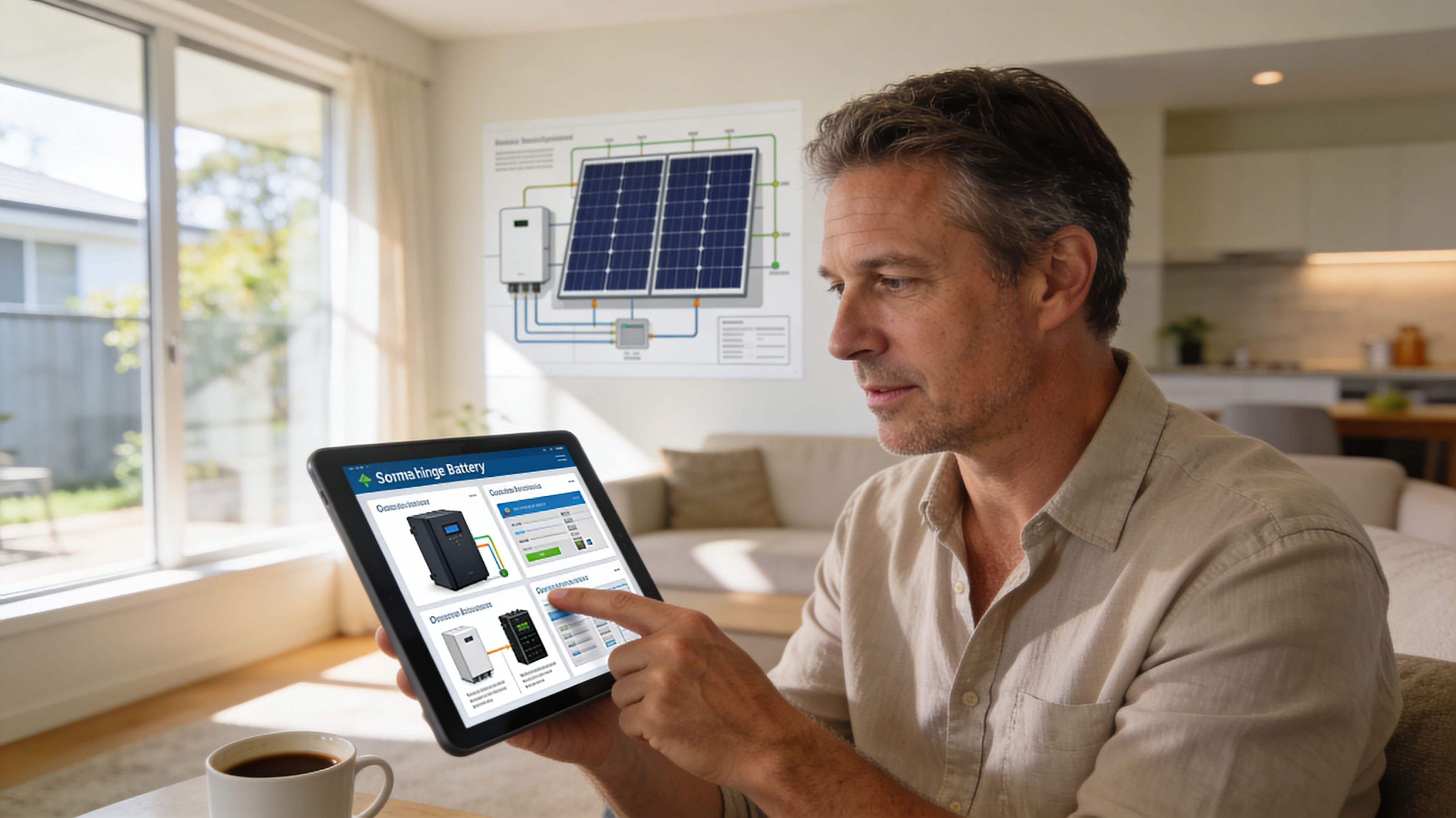 A Man Using A Tablet To Monitor His Home Solar Battery System Settings In His Living Room.