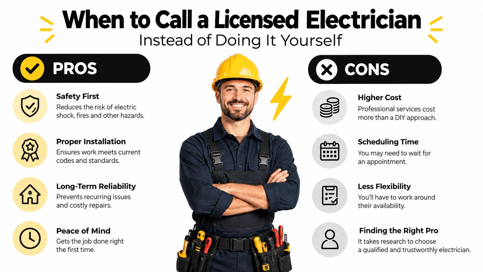 A Professional Electrician Stands Between A List Of Pros And Cons For Hiring Licensed Electrical Services.