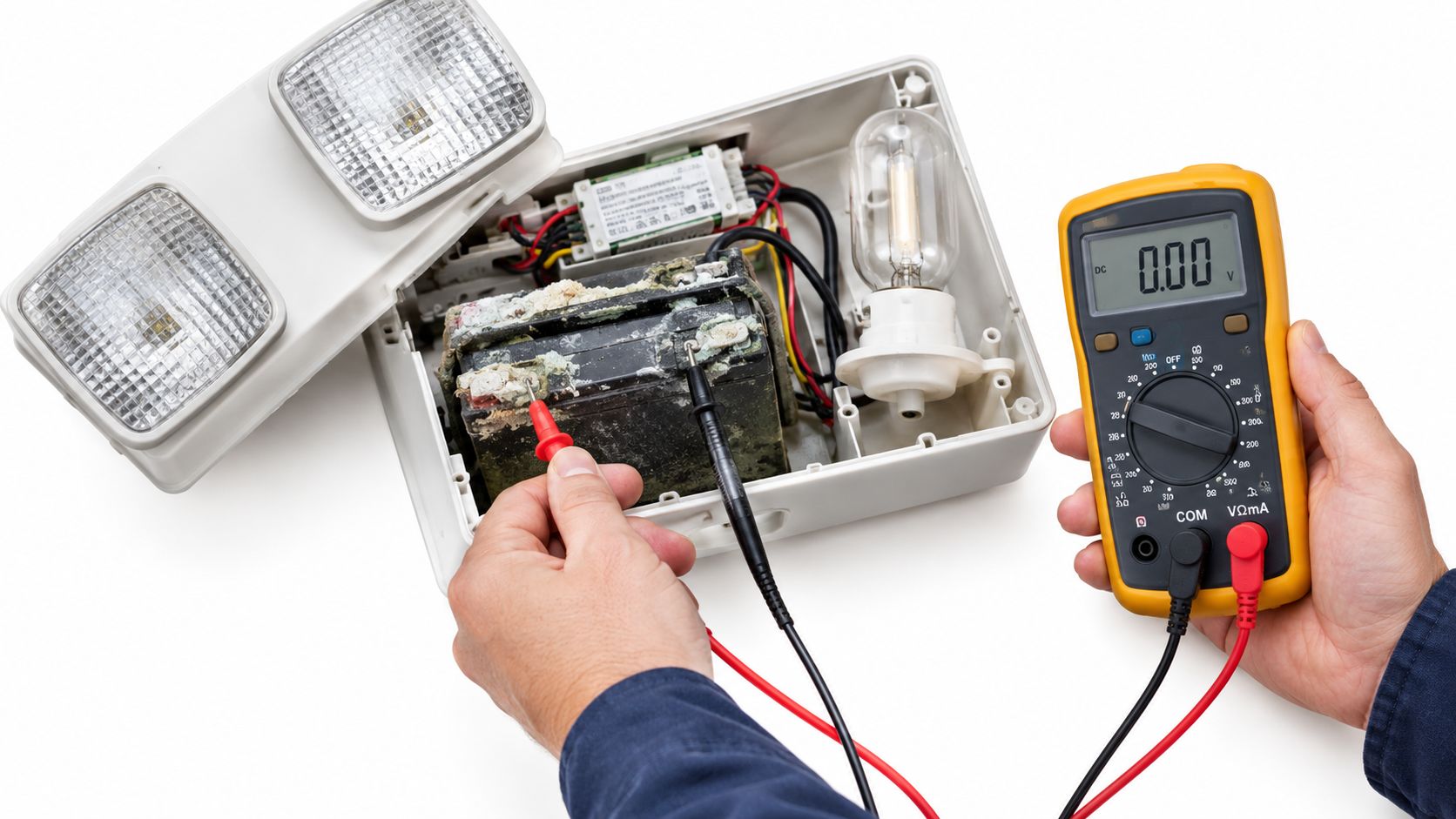A Technician Testing The Voltage Of A Corroded Emergency Light Battery Using A Digital Multimeter Device.