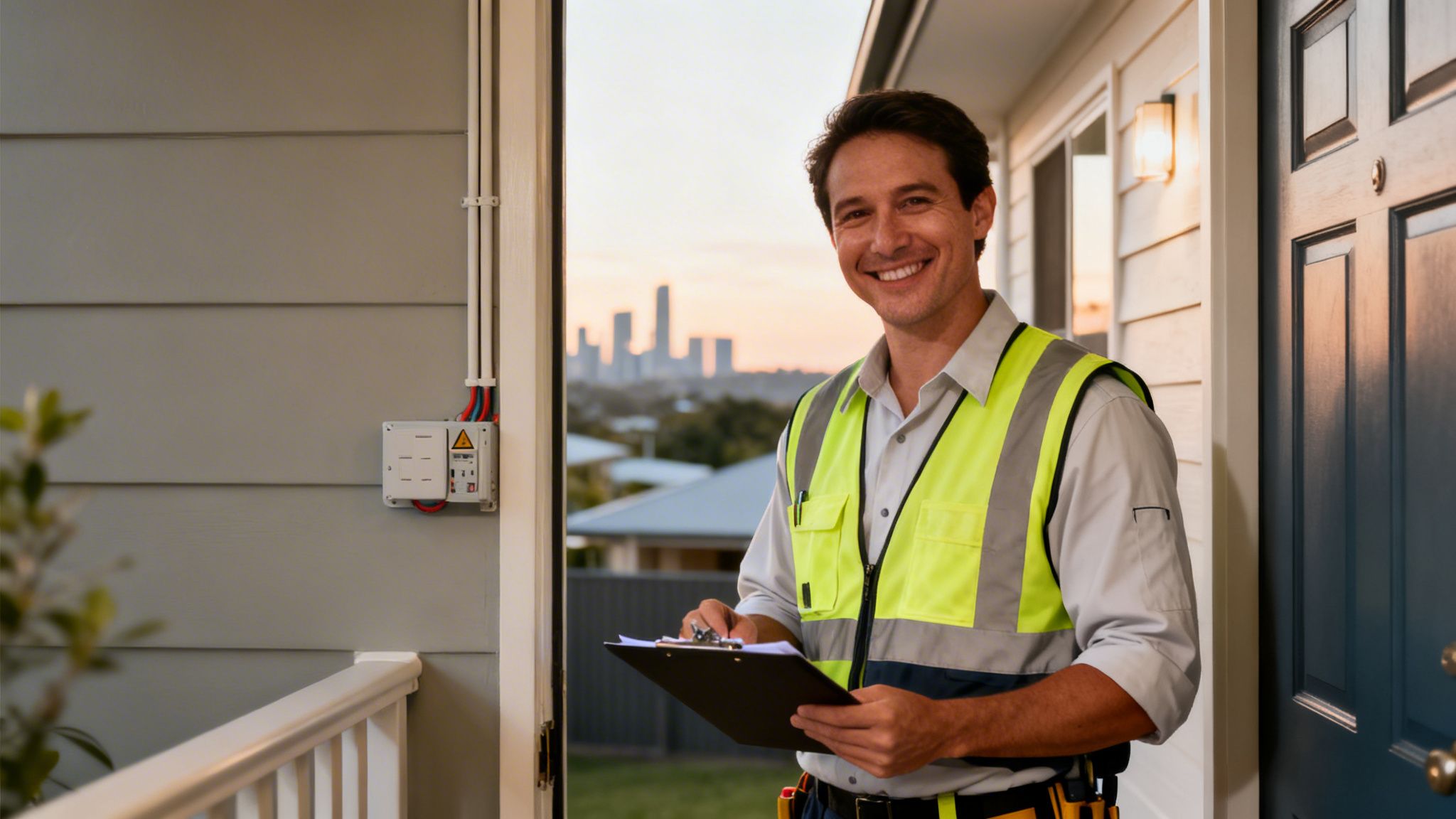 A Smiling Male Electrician In A Safety Vest Holds A Clipboard Outside A Modern House With A City Skyline.
