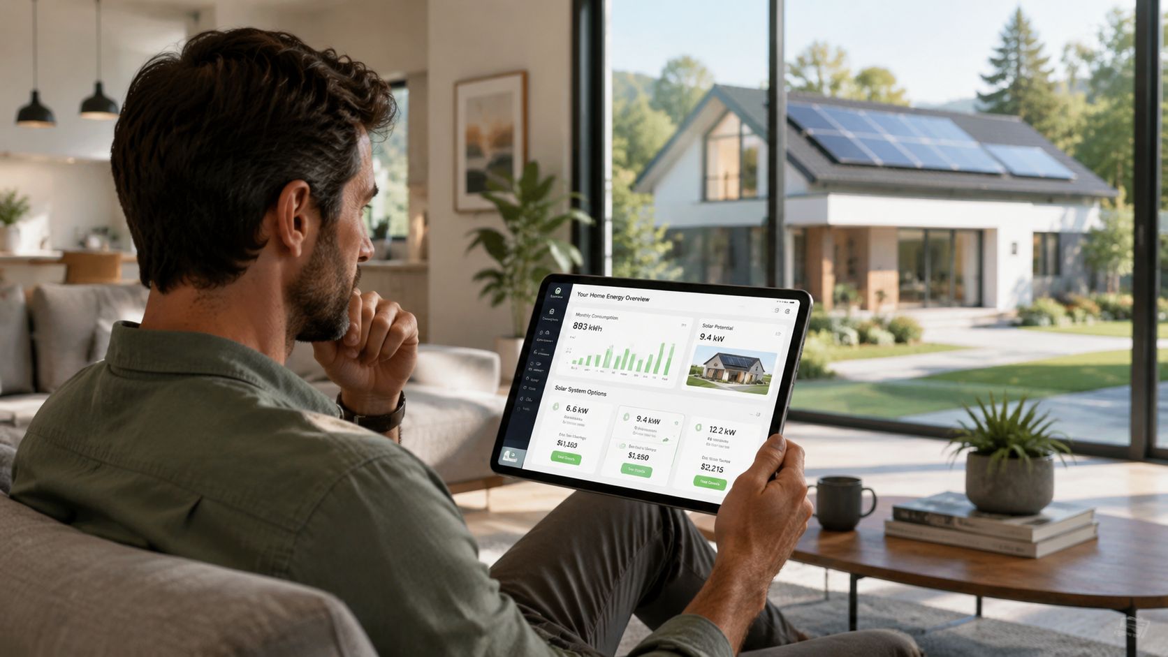 A Man Sits On A Sofa Reviewing Home Solar Energy System Options On A Tablet Screen.