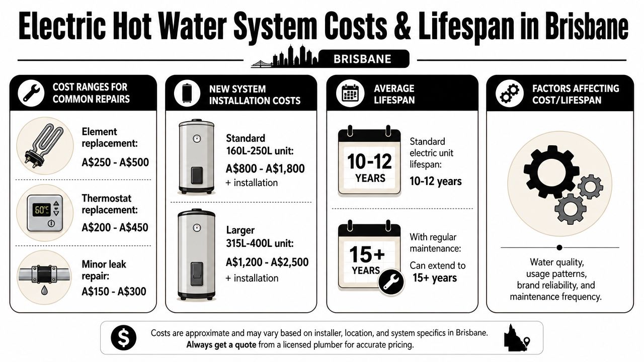 An Infographic Showing Cost Ranges For Common Repairs, Installation Costs, And Lifespans Of Electric Hot Water Systems In Brisbane.