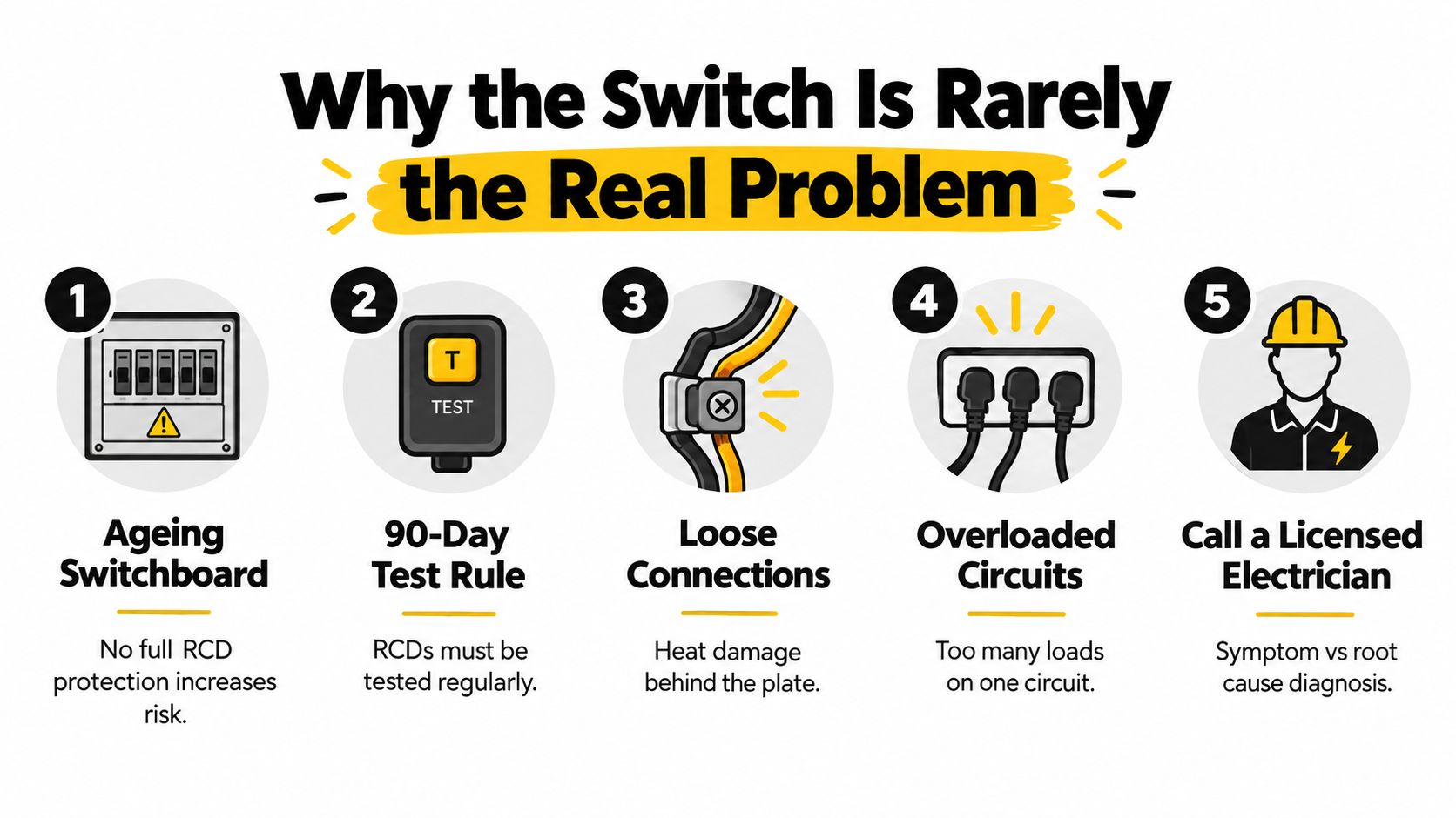 An Infographic Titled Why The Switch Is Rarely The Real Problem, Illustrating Five Common Electrical Safety Issues.