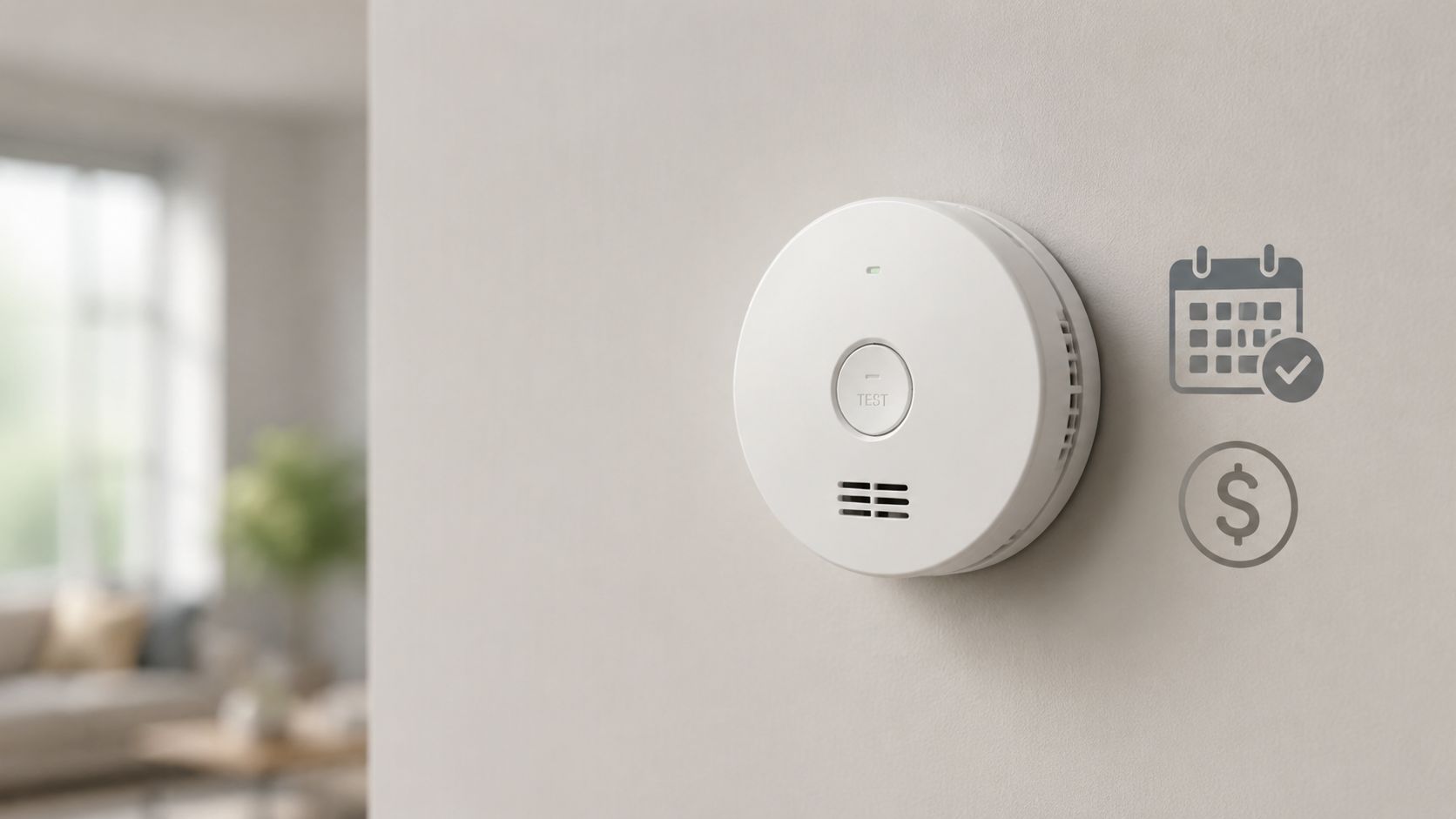 A Wall-Mounted Smoke Alarm With Calendar And Money Icons Indicating Regular Maintenance And Potential Insurance Benefits.