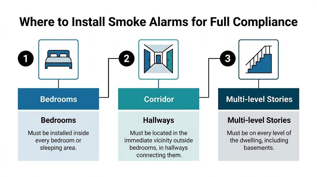 A Diagram Illustrating The Three Required Locations For Installing Smoke Alarms In A Home For Safety Compliance.