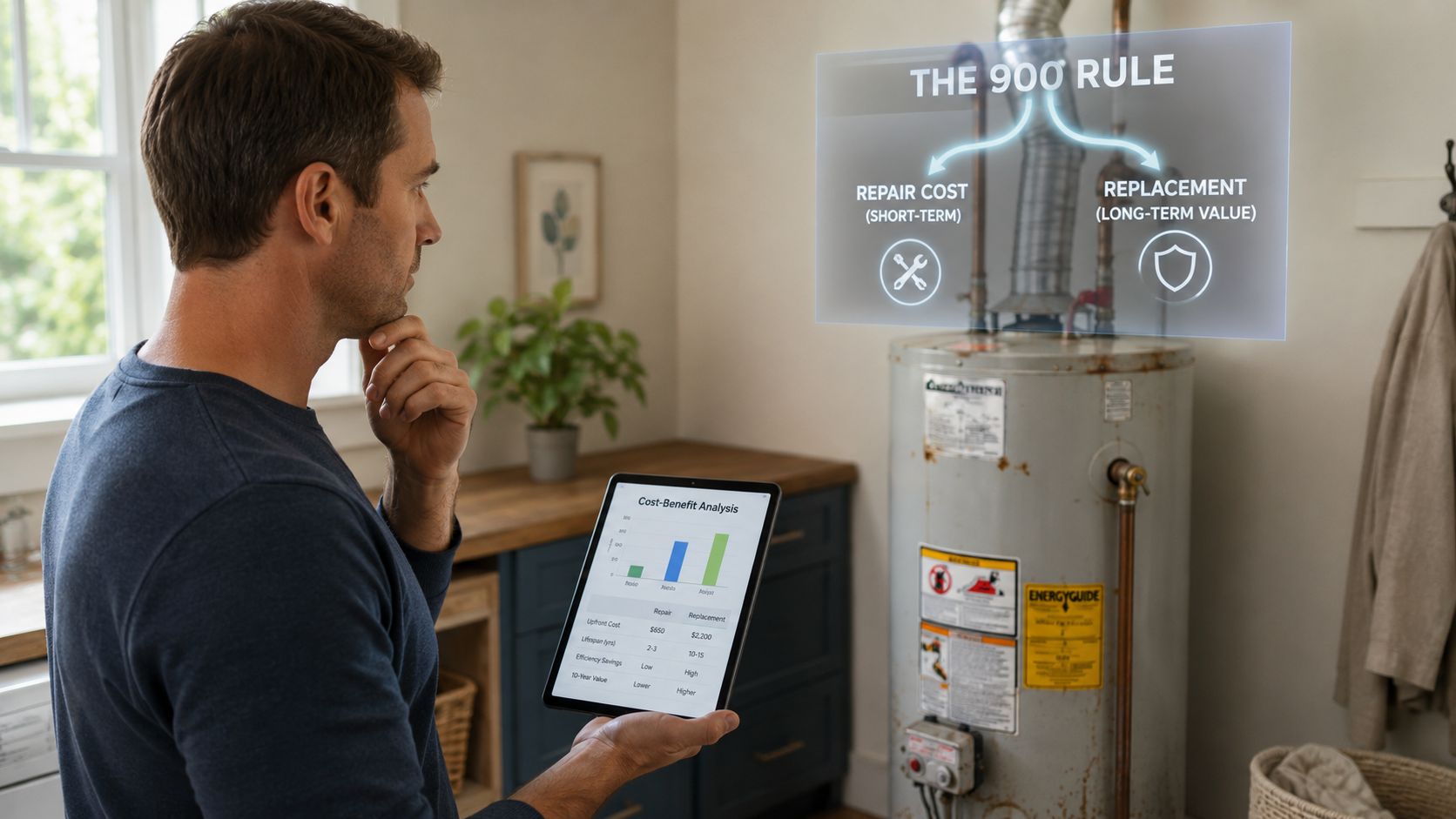 A Man Uses A Tablet To Compare Repair And Replacement Costs For A Home Hot Water System.
