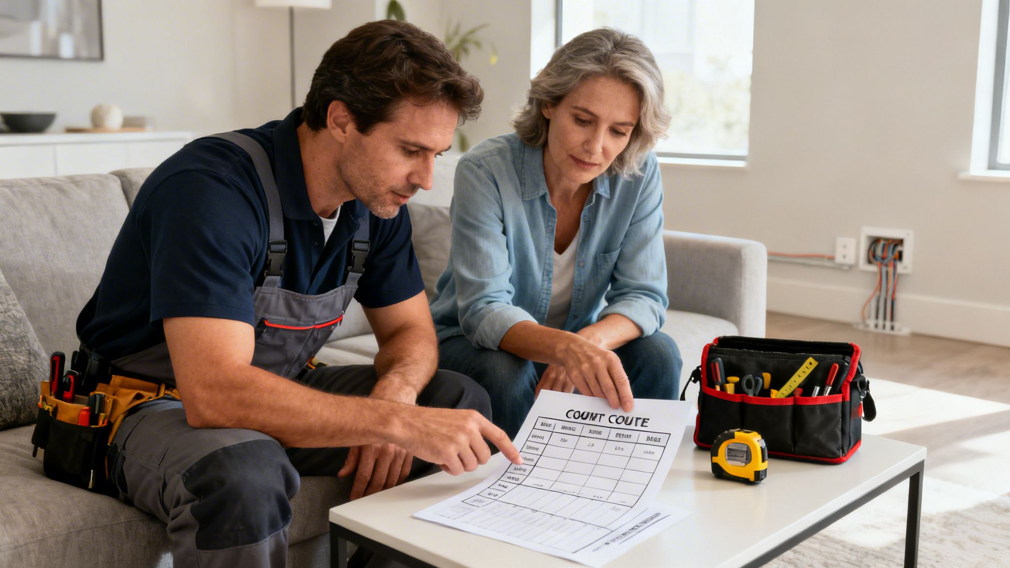 A Male Electrician Discusses A Quote With A Woman In Her Living Room.