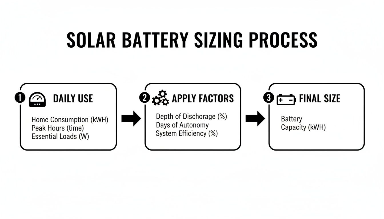 What Size Solar Battery Do I Need? A 2026 Brisbane Guide 4 Diagram Showing The Solar Battery Sizing Process: Daily Use, Application Factors, And Final Battery Capacity.