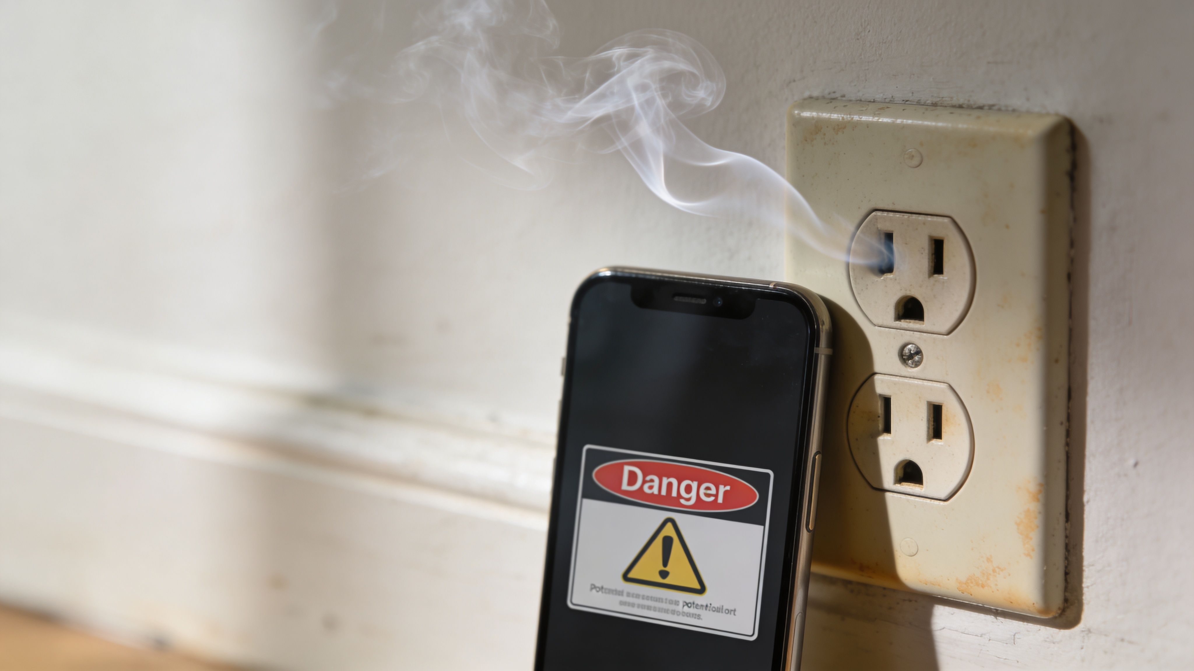 A Smartphone Leaning Against A Smoking Wall Power Outlet With A Prominent Danger Warning Icon On Screen.