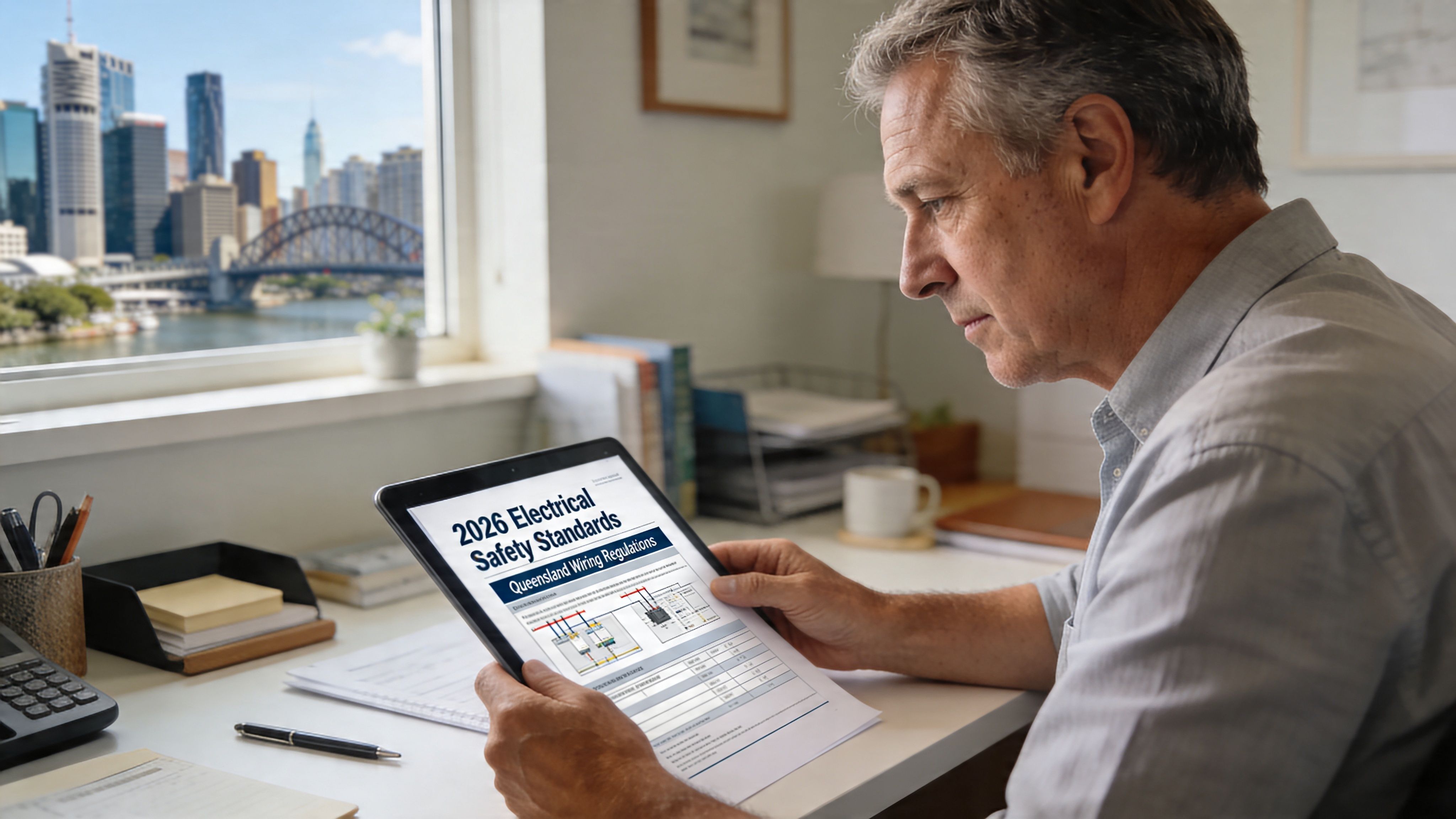 A Middle-Aged Man Reviewing 2026 Electrical Safety Standards On A Tablet Near A Window Overlooking A City Skyline.