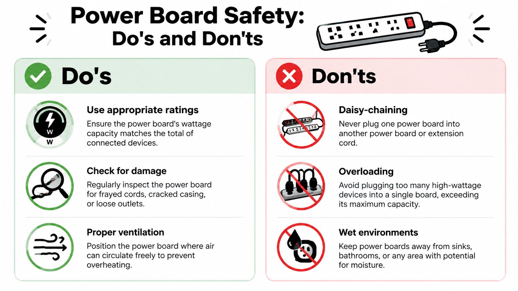 An Infographic Showing Essential Do'S And Don'Ts For Safe Power Board And Extension Cord Usage.