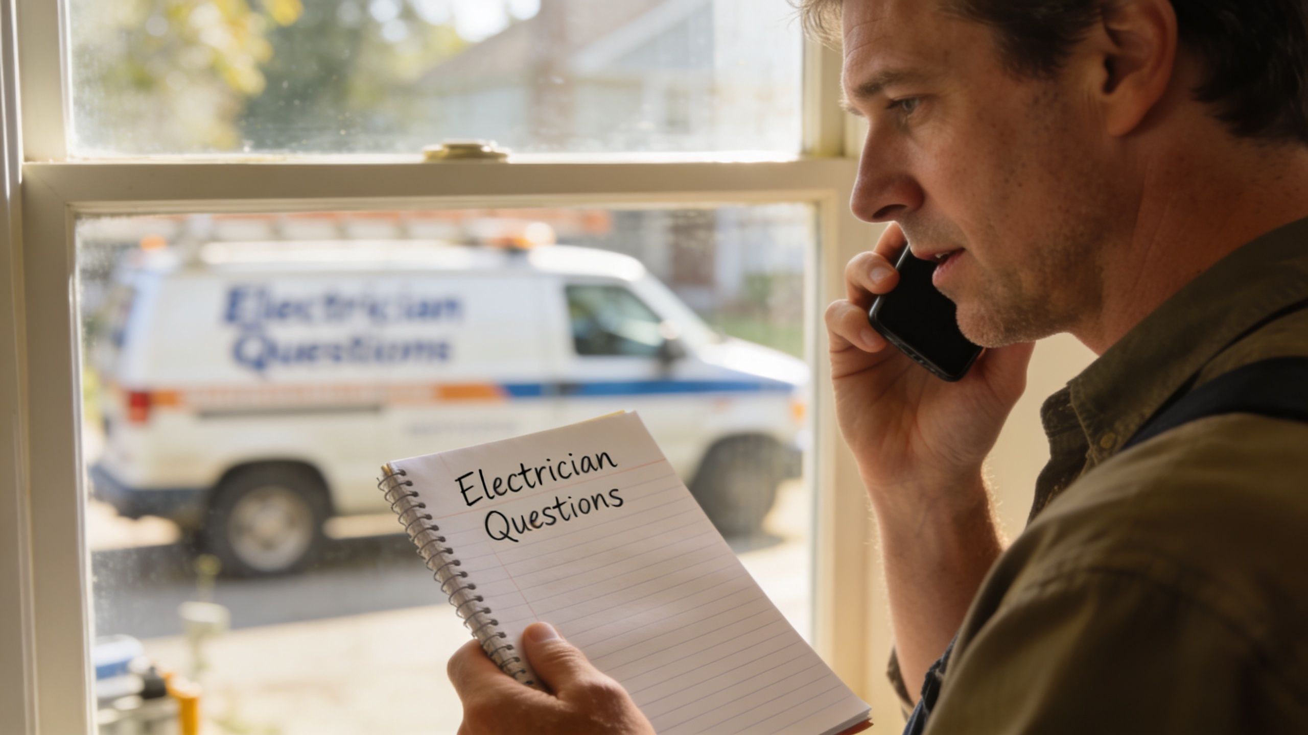 An Electrician Looks At A Notepad With The Words Electrician Questions While Talking On A Phone.