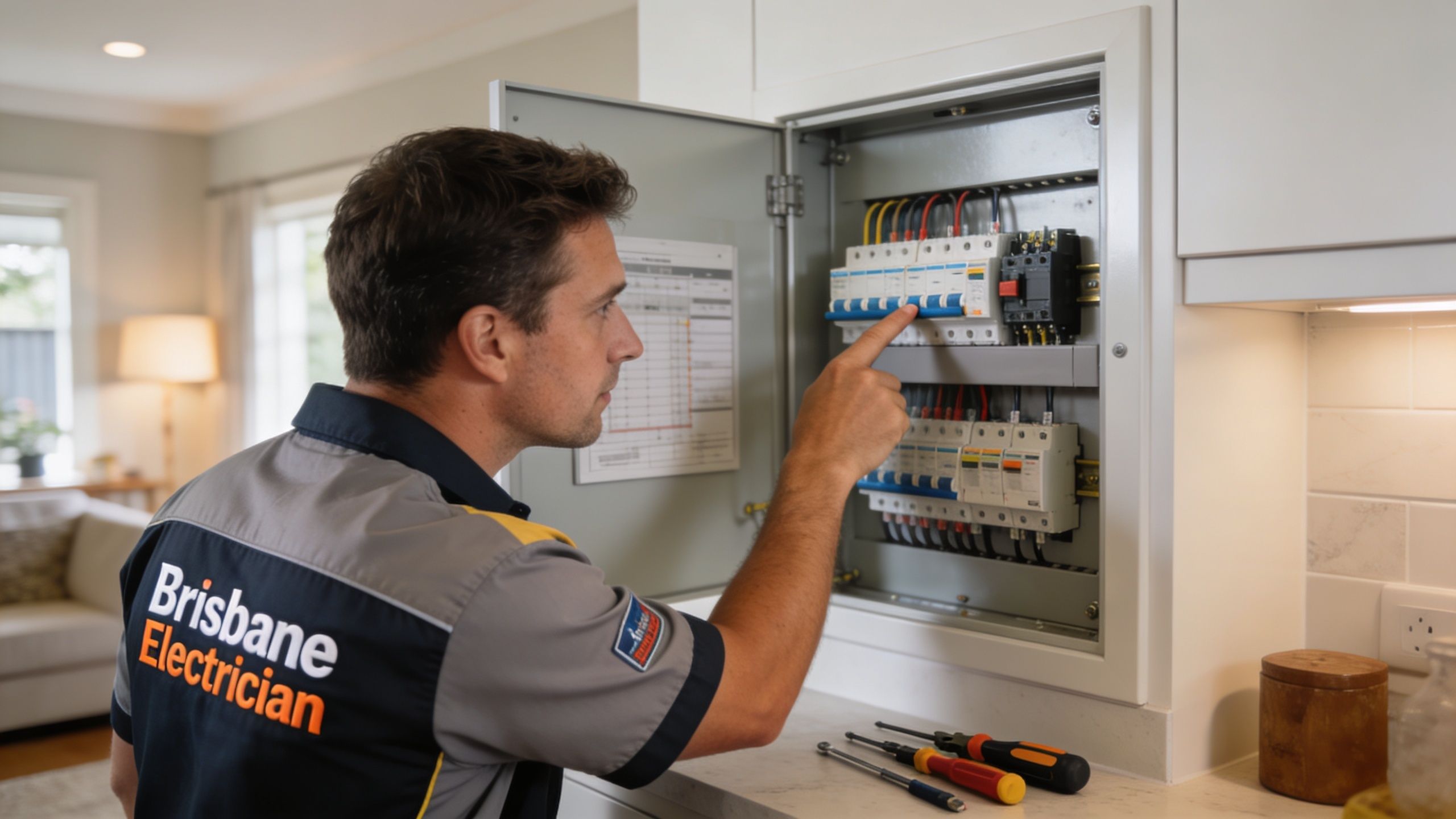 A Professional Electrician From A Brisbane Company Inspecting The Switches Inside A Residential Home Electrical Panel.