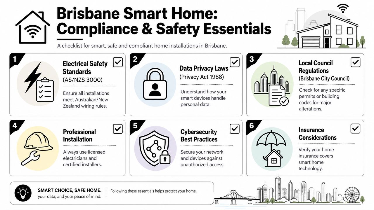 Smart Home Automation Brisbane: Design Your Future 3 An Infographic Checklist For Brisbane Smart Home Compliance And Safety Essentials Including Electrical, Privacy, And Security Standards.