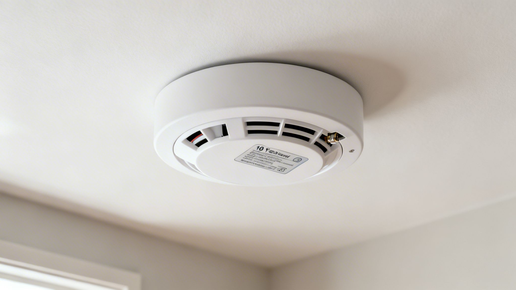 A White Smoke Alarm Is Prominently Mounted On A Clean, Textured White Ceiling.