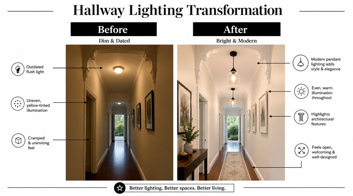A Comparison Photo Of A Hallway Showing An Old Flush Light Replaced With Modern Glass Pendant Lights.