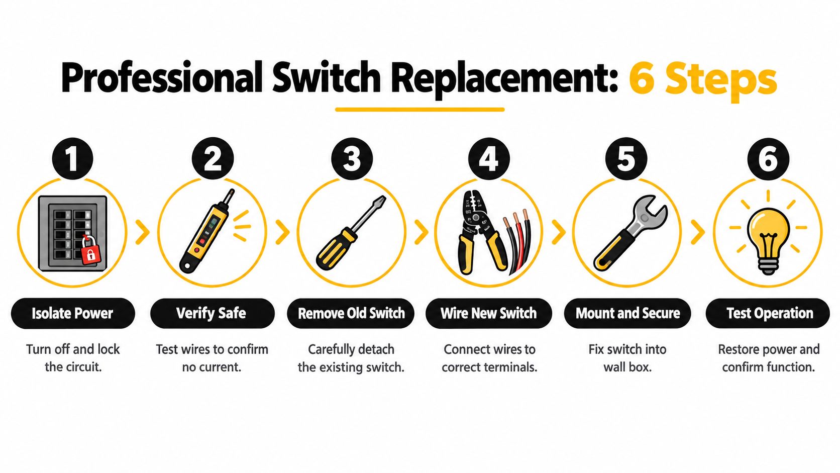 An Infographic Showing Six Steps For Professional Light Switch Replacement, From Isolating Power To Final Testing.