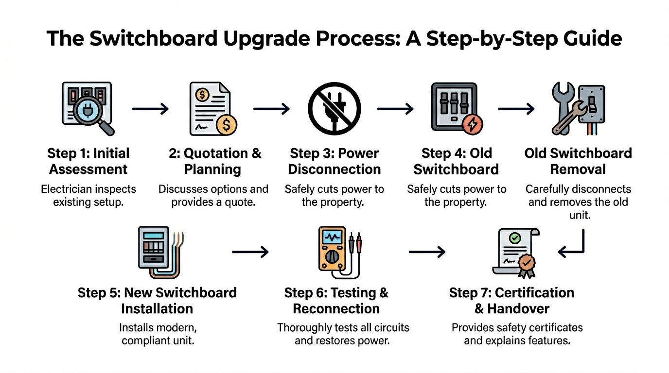 A Seven-Step Flowchart Infographic Illustrating The Professional Process For Upgrading A Residential Electrical Switchboard System.
