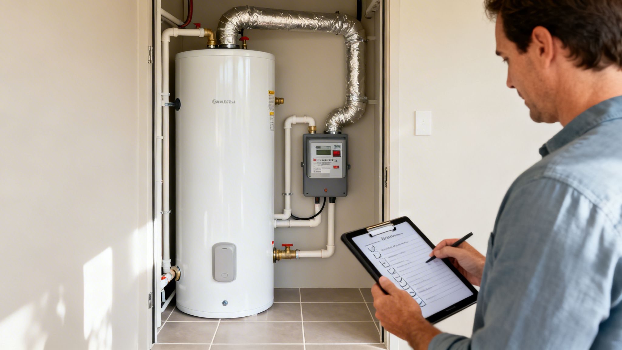 A Man In A Blue Shirt Inspects A New Water Heater, Checking Items On A Clipboard.