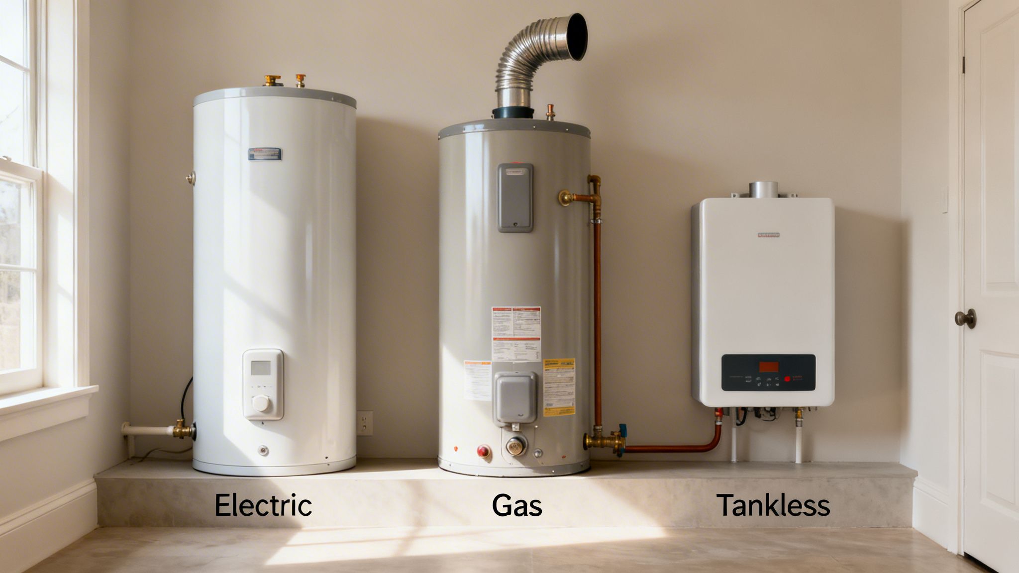 How Long Do Hot Water Systems Last? A Quick Guide To Electric, Gas, And Solar 2 Three Types Of Water Heaters, Electric, Gas, And Tankless, Side-By-Side In A Room.