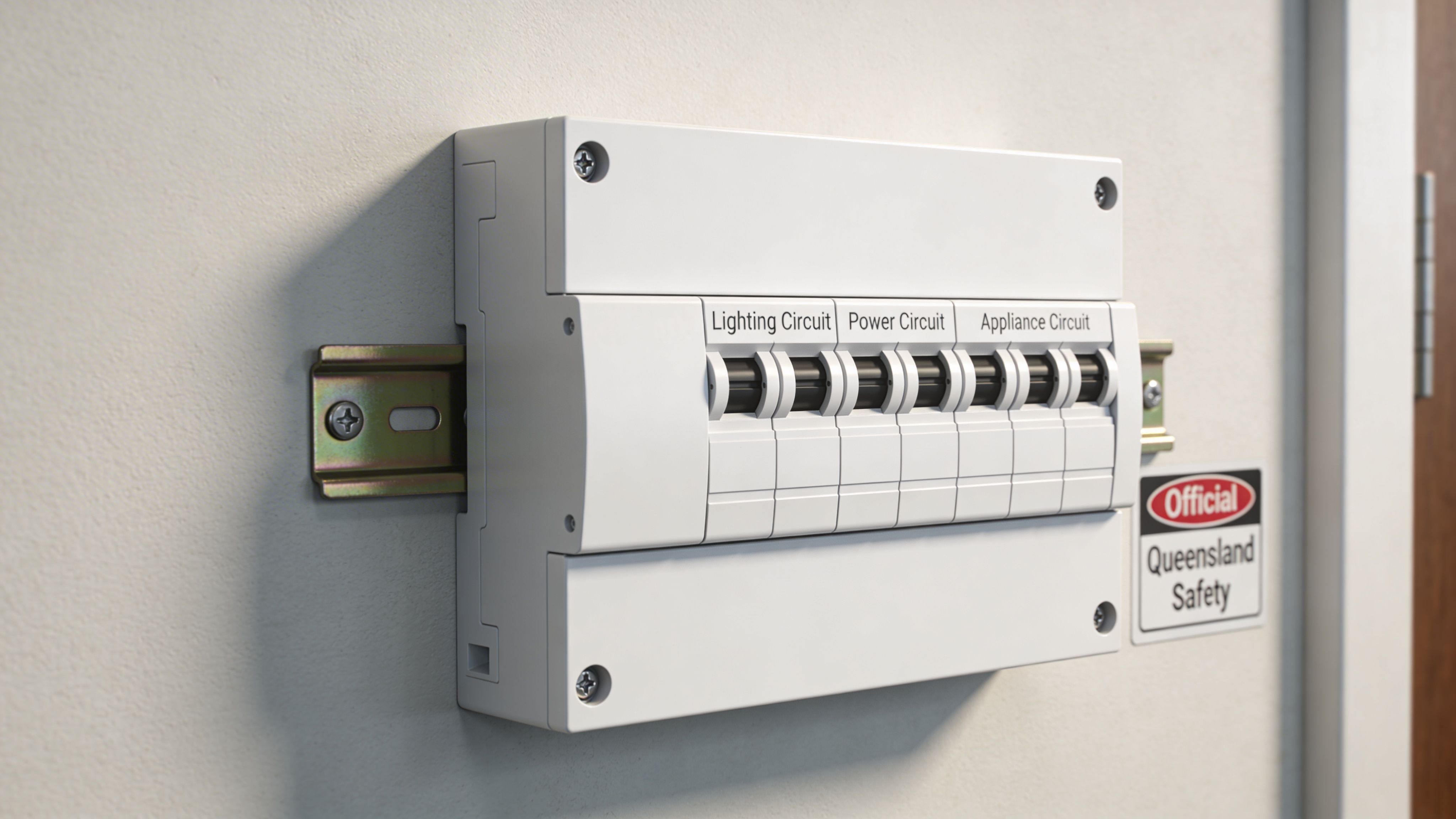A Modern White Electrical Switchboard Mounted On A Wall With Labels For Lighting, Power, And Appliance Circuits.
