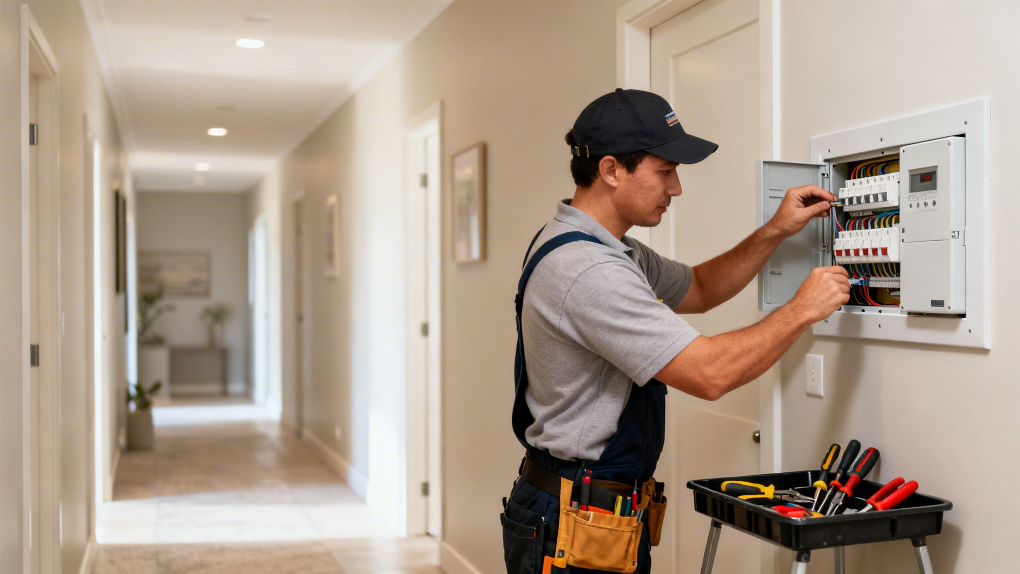An Electrician In A Cap And Overalls Inspects An Open Electrical Switchboard In A Residential Hallway, With Tools Nearby.