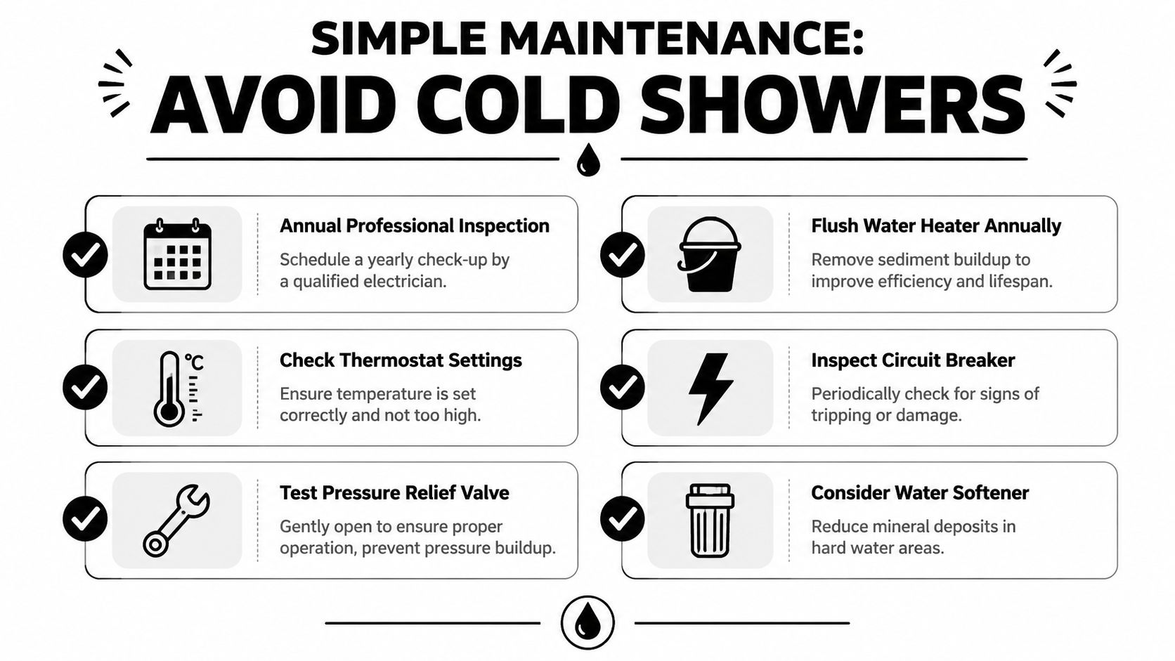 An Infographic Titled Simple Maintenance: Avoid Cold Shows, Featuring Six Tips For Maintaining Home Water Heaters.