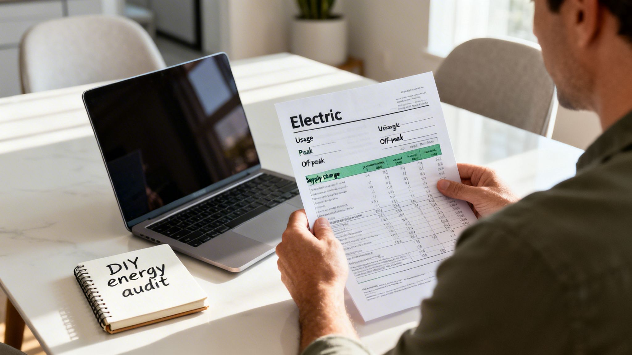 How To Reduce Power Bills: How To Reduce Power Bill With Brisbane Tips 1 Man Reviewing An Electric Bill, With A Laptop And A Notebook For A Diy Energy Audit.