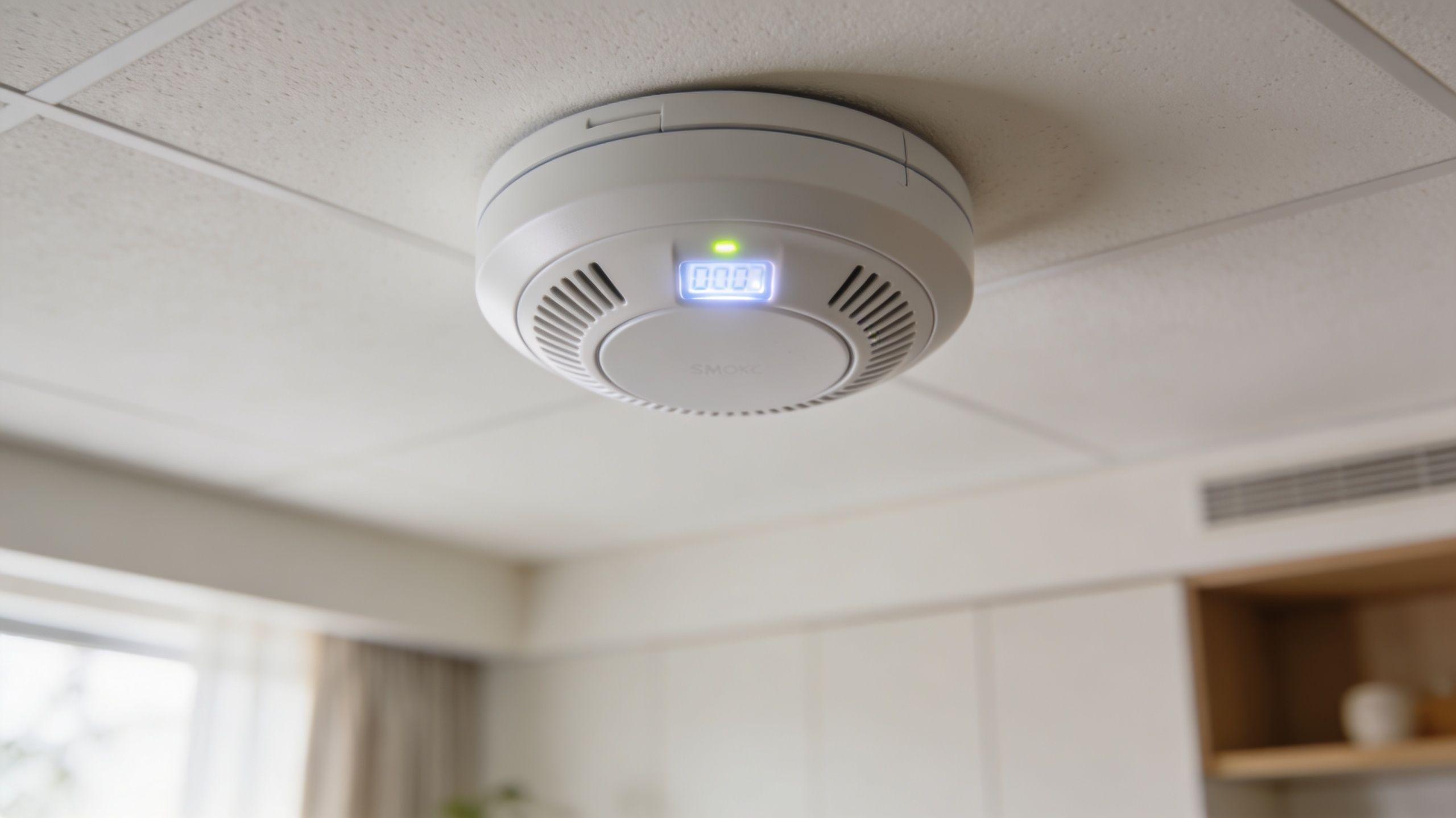 A Close-Up View Of A Modern Round White Smoke Detector Mounted On A White Ceiling