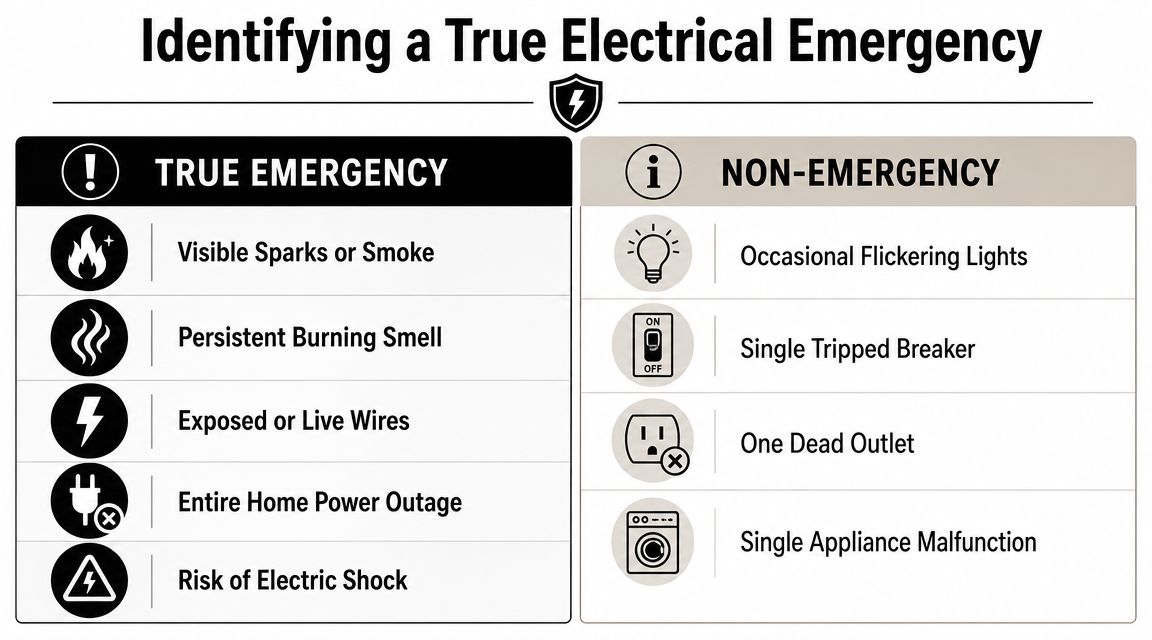 An Infographic Distinguishing Between True Electrical Emergencies And Non-Emergency Situations For Residential Homeowners.