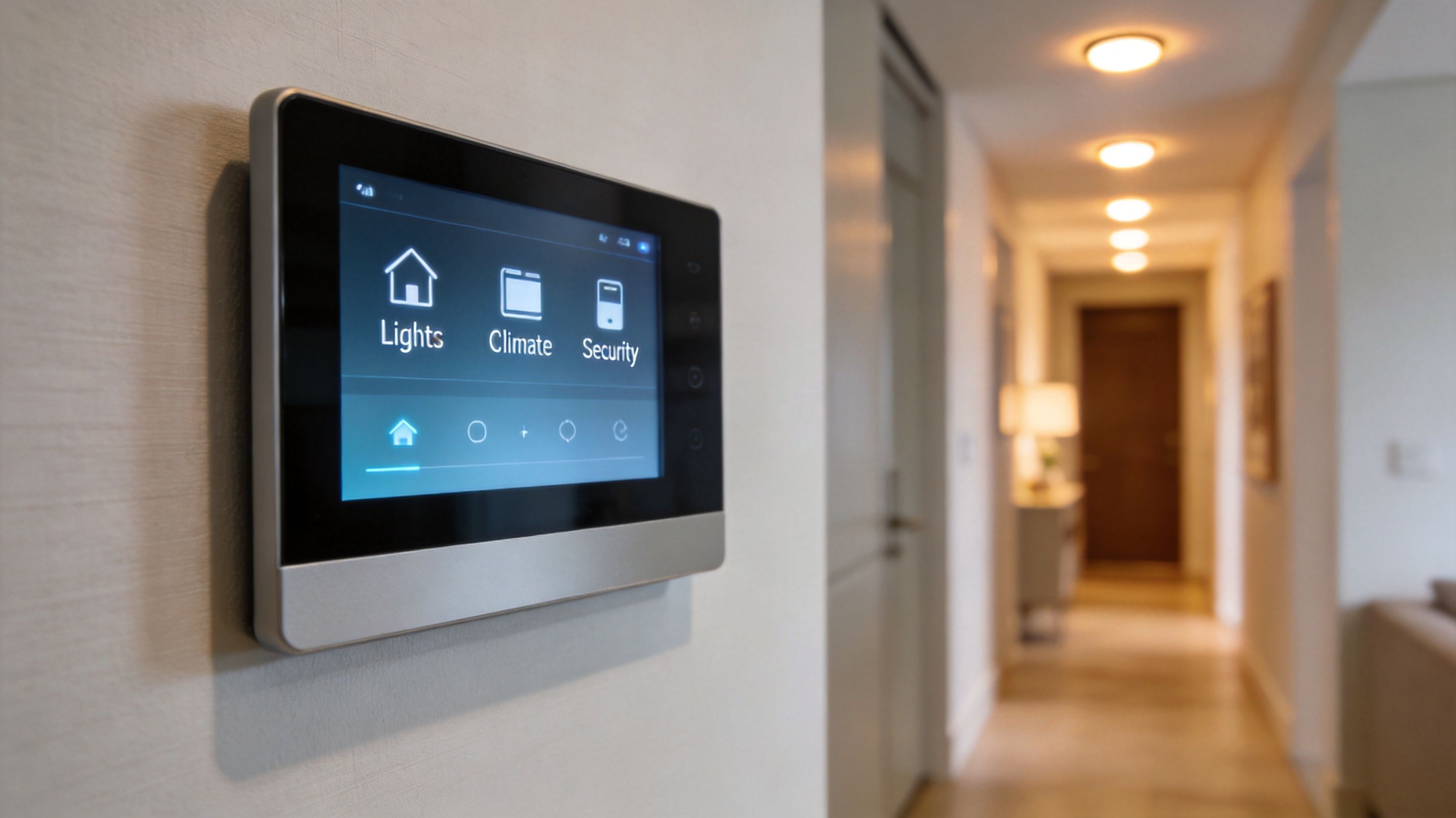 A Modern Smart Home Control Panel Mounted On A Wall In A Brightly Lit Home Hallway.