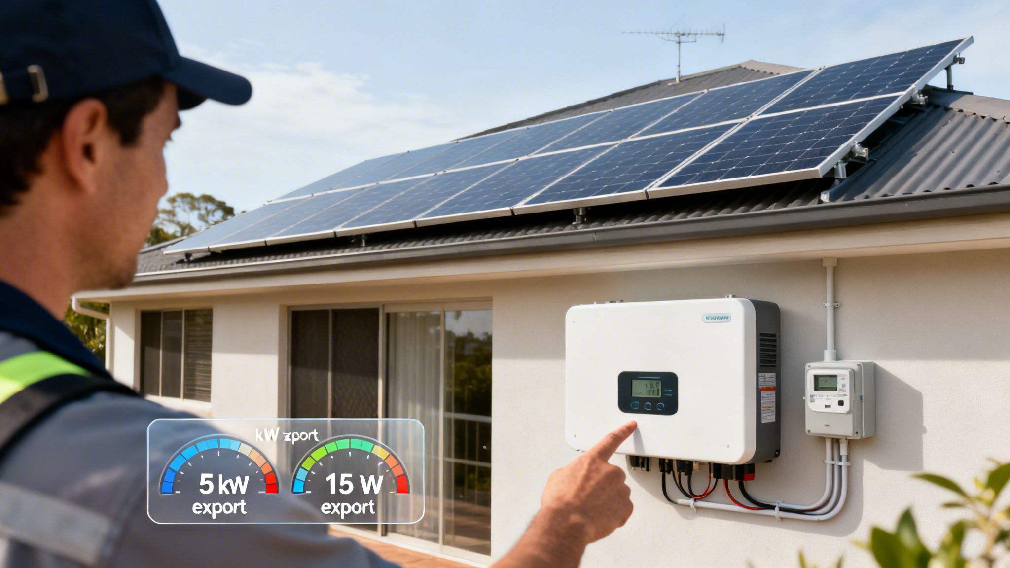A Man In A Cap And High-Vis Shirt Examines Solar Panels On A House Roof And A Solar Inverter.