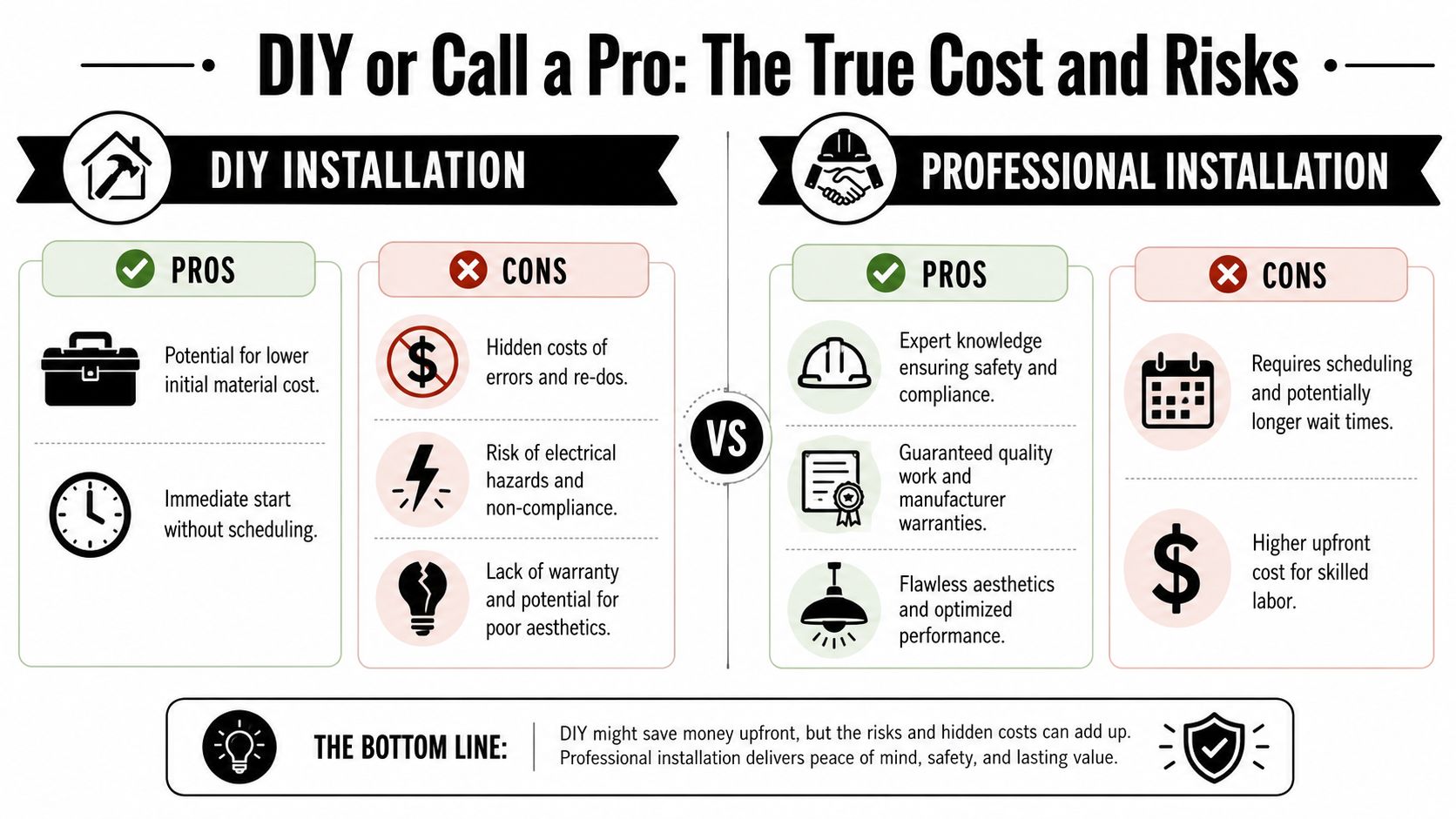 A Comparison Infographic Showing The Pros And Cons Of Diy Installation Versus Hiring A Professional For Home Projects.