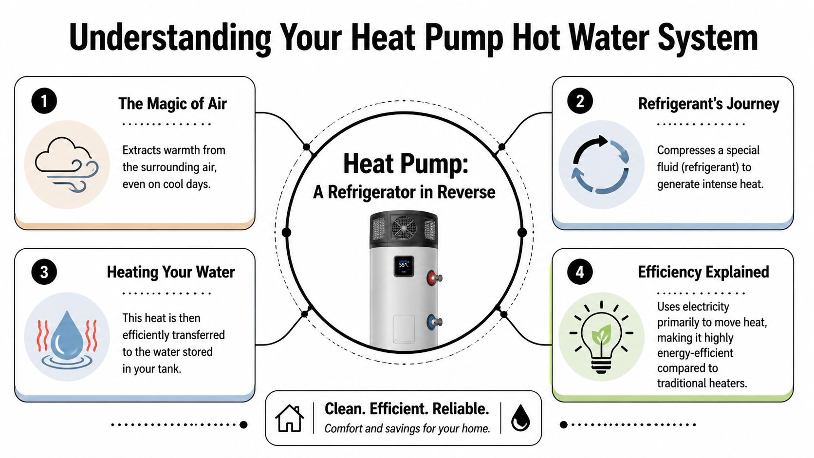 An Infographic Explaining How A Heat Pump Hot Water System Works, Illustrating Four Key Process Stages.