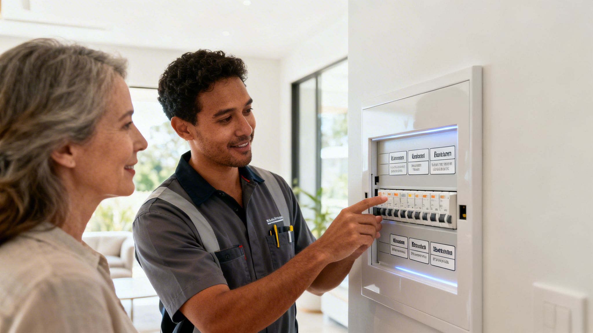 A Professional Electrician In Brisbane Explaining Circuit Breaker Functions To A Homeowner In Her Modern House.