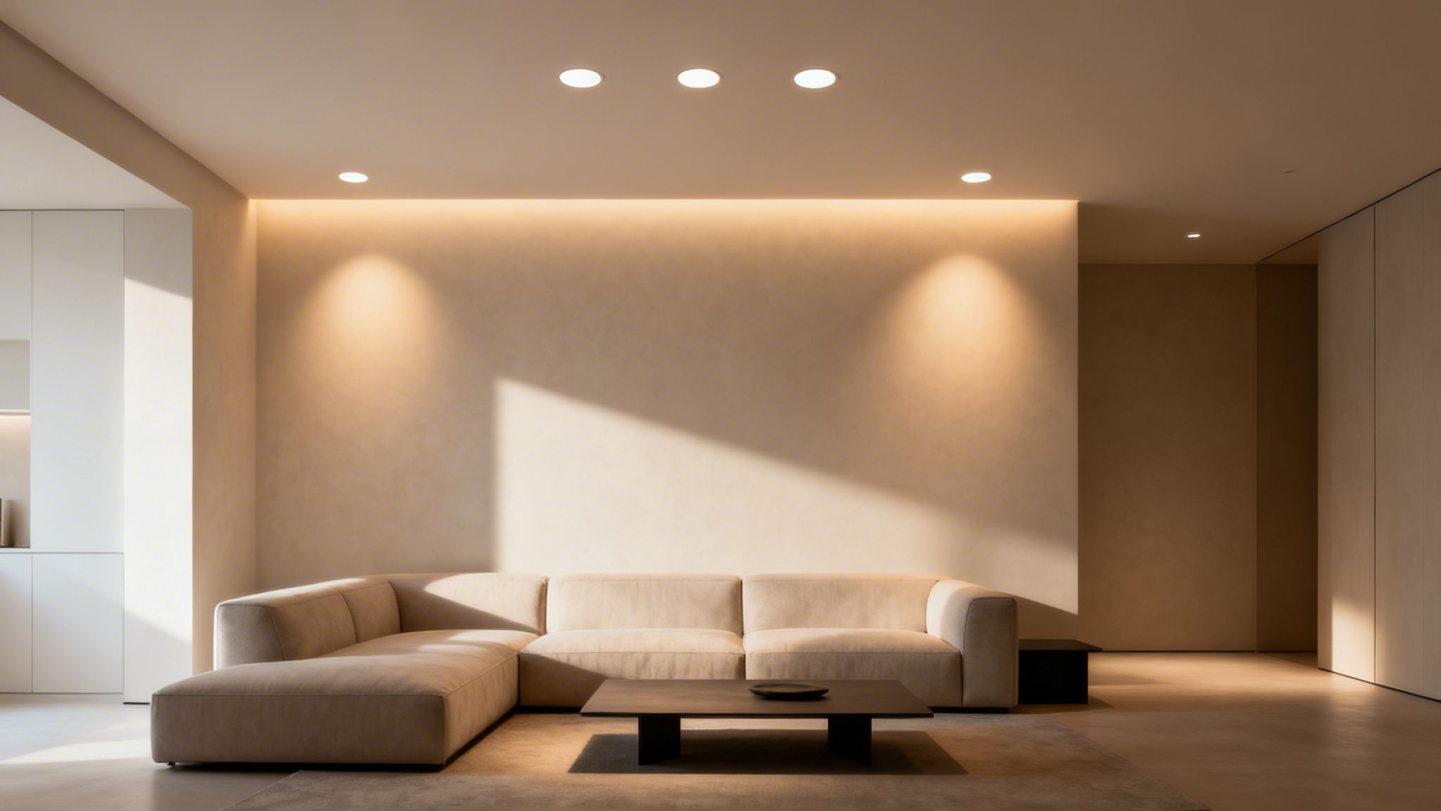 Minimalist Living Room With A Beige L-Shaped Sofa, Dark Coffee Table, And Recessed Ceiling Downlights.