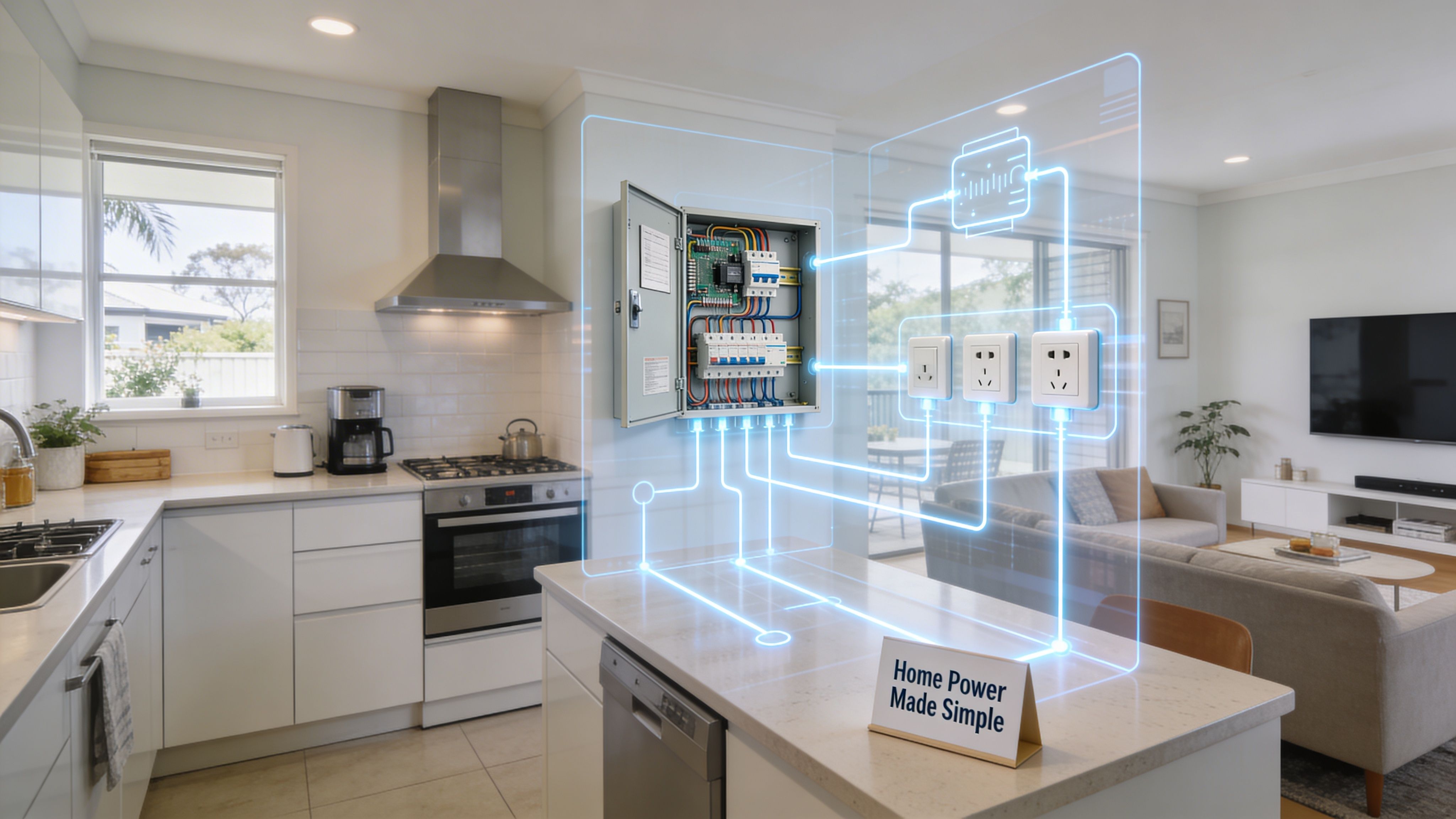 A Conceptual Graphic Displaying Home Electrical Distribution Boards And Power Connections Illustrated In A Modern Residential Kitchen.