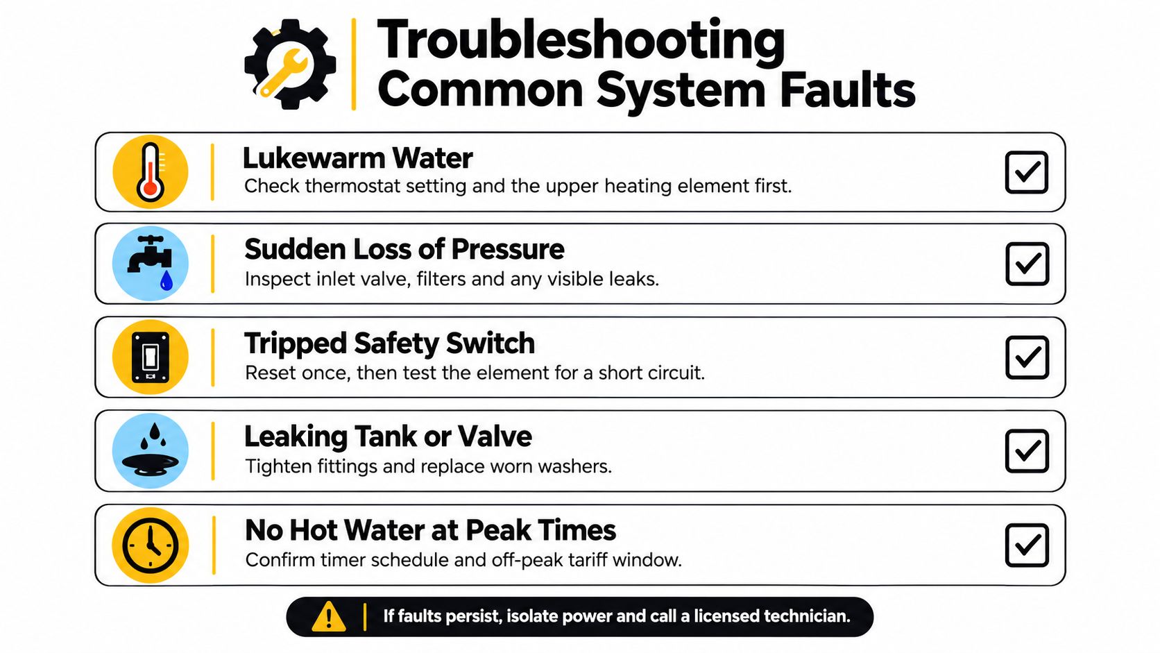 A Troubleshooting Guide Infographic For Common Electric Hot Water System Faults Like Temperature And Pressure Issues.